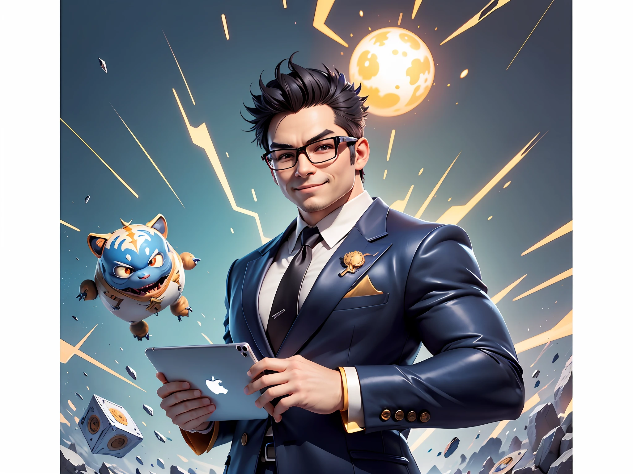 (Masterpiece), (Extreme Quality), (Super Meticulous), (Full Body: 1.2), Super Young Man, Chinese Dragon, Tiger, Wind God Thor, Sexy, Bursting, Oriental Face, TV Anchor, Bust Portrait Illustration, Black Formal Suit, Blue Tie, Slightly Chubby Face, Silver Glasses, Very Clean Face, No Beard on Chin, Black Super Short Hair, Black Eyes, Confident Smile, 3c Computer Sub-Products, iPad, iPhone, Digital Painting, 3D Character Design by Mark Claireden and Pixar and Hayao Miyazaki and Akira Toriyama, The illustration is a high-definition illustration in 4K resolution with very detailed facial features and cartoon-style visuals.