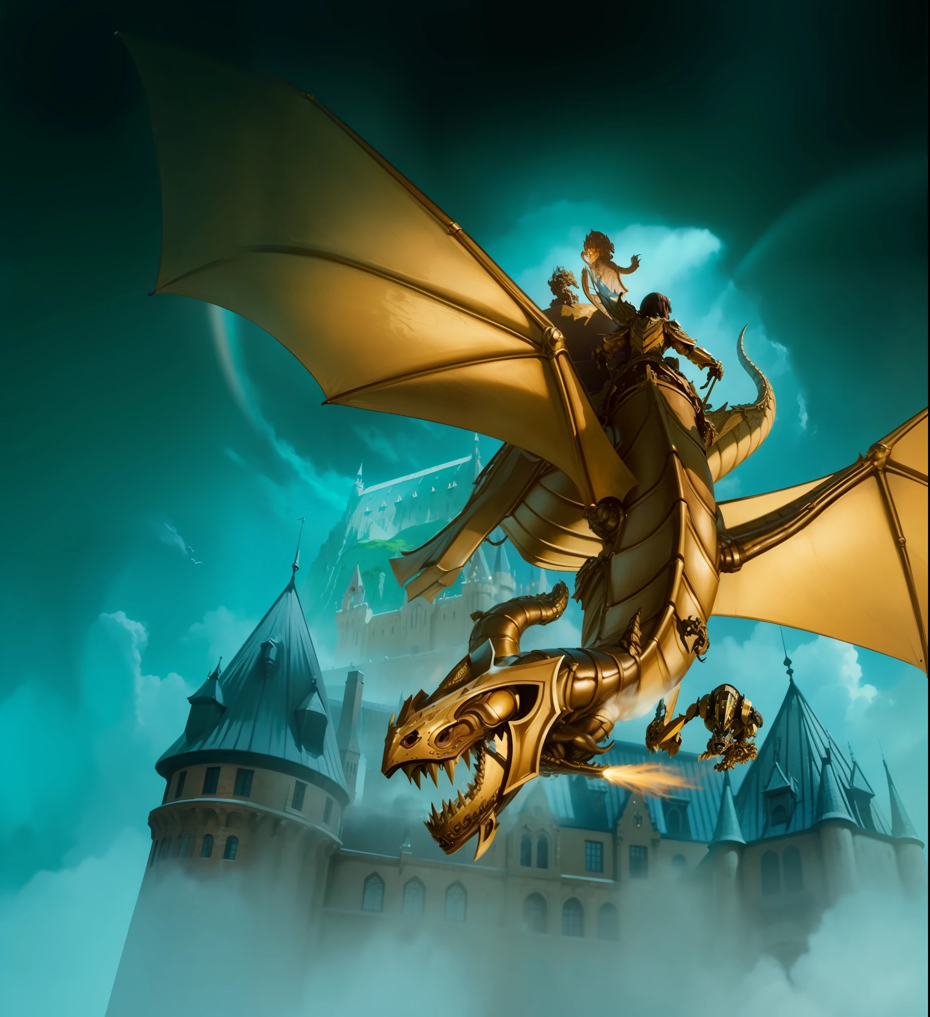 4k, realistic, very detailed, bronze dragon automaton, robotic, flying over a castle, with open wings. 3 teenagers are on it. The background of the image is bluish