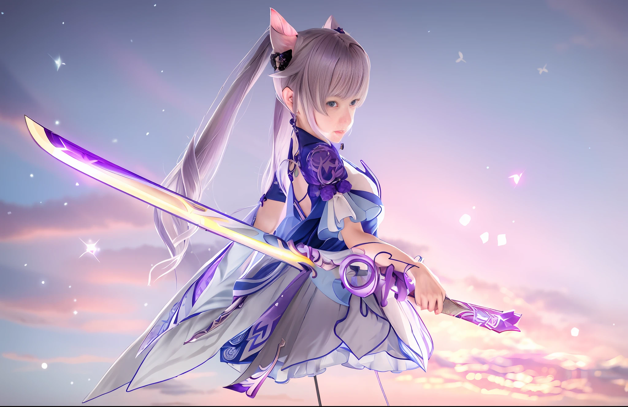 Woman in blue dress holding sword in front of purple background, Ayaka Genshin Impact, Genshin Impact Kechin, Genshin Impact character, Ayaka game Genshin Impact, Genshin Impact Nakazato, Katana Zero video game character, Genshin Impact style, detailed key anime art, Genshin, portrait Zodiac Girl Knight, masterpiece, (Photorealistic: 1.4), Top Quality, Beautiful Lighting, (ulzzang-6500:0.5), (Gray Hair) + (Long Hair) + (Bangs), Purple Eyes, Luminous Eyes, (Choshing), Genshin Impact, Cat Ears, Detailed Neon, RAW Photos, 8k UHD, Film Grain
