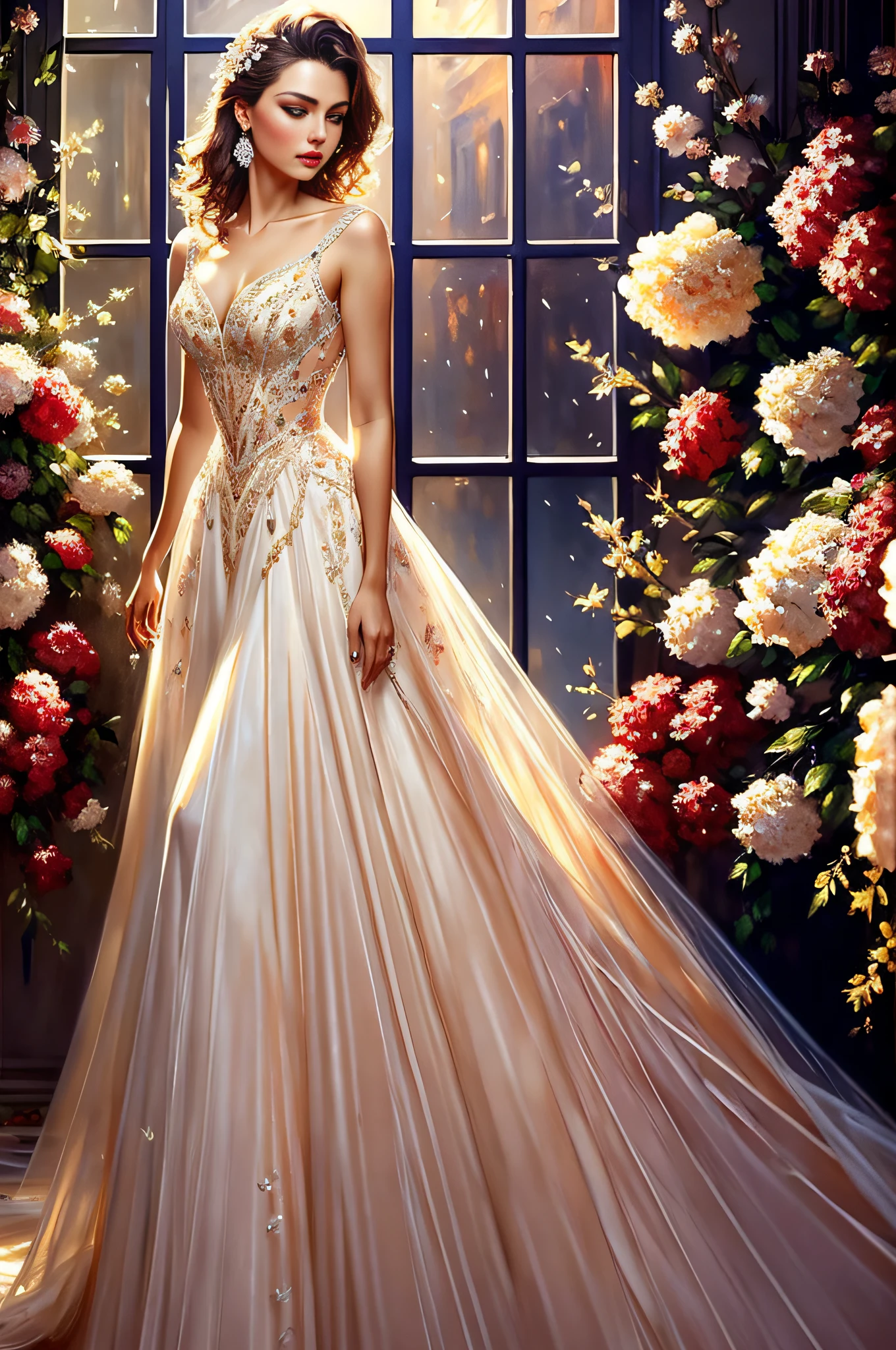 (masterpiece), a beautiful woman wearing a long dress with flowers around her, detailed face features, sharp eyes, soft skin, by Bartolomeo Vivarini, by Béla Iványi Grünwald, ultra realistic, hyperrealistic, painstaking attention to detail, highly detailed, appealing, voluptuous, mesmeric, very beautiful, divine, elegant, trendy, seraphic, dreamlike, award winning, splendid, glorious, tantalizing, polished, very stylish, insane details, intricate details, hyper-detailed, low contrast, soft cinematic light, cinematic, exposure blend, hdr, front, ultra focus, face illuminated, face detailed, atmosphere, mystery, romanticism, 32k resolution, watercolor, razumov style, art by Volegov, Carne Griffiths, Wadim Kashin, rutkowski, repin, artstation, hyperrealism painting concept art of detailed character design matte painting