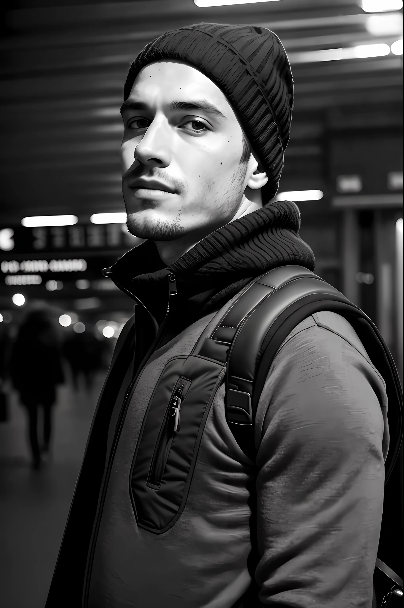 1 man ((upper body selfie, happy)), masterpiece, best quality, ultra-detailed, solo, outdoor, (night), train station, cheerful, happy, backpack, water bottle, sweater, hat, urban, smoke, shadows, contrast, clear sky, style (look at viewer: 1.2) (skin texture) (film grain: 1.3), (warm tone, warm tone: 1.2), close-up, cinematic light, side lighting, ultra high res, better shadow, RAW, upper body, using pullover