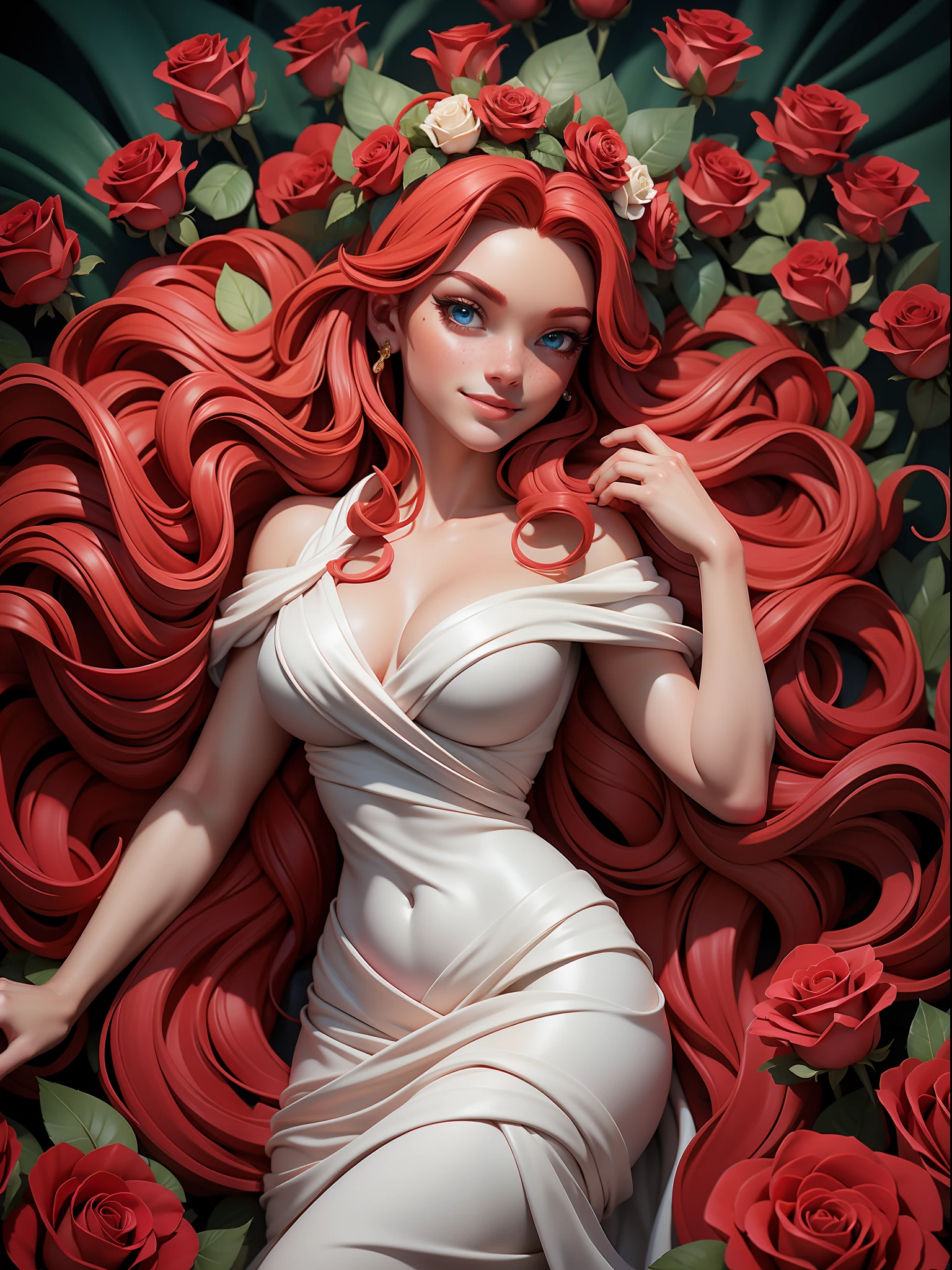 on the background of red roses, a bed of red roses, Aphrodite, many scarlet roses, a beautiful body, a radiant smile, blue eyes, deep eyes like the sea, bright pink hair, crimson hair, curly hair, pink freckles on the face, a white Greek dress barely covers the chest, the dress flutters in the wind, the goddess lies on red roses, the goddess lies on a bed of roses, many roses around, On the head is a wreath of green myrtle, an attractive smile, cunning, poisonous, stunningly beautiful, fantasy, intricate, elegant, highly detailed, digital painting, artstation, concept art, matte, clear focus, illustration. Very high resolution, masterpiece, stunning, fashionable artstation, 8K, UHD, poster
