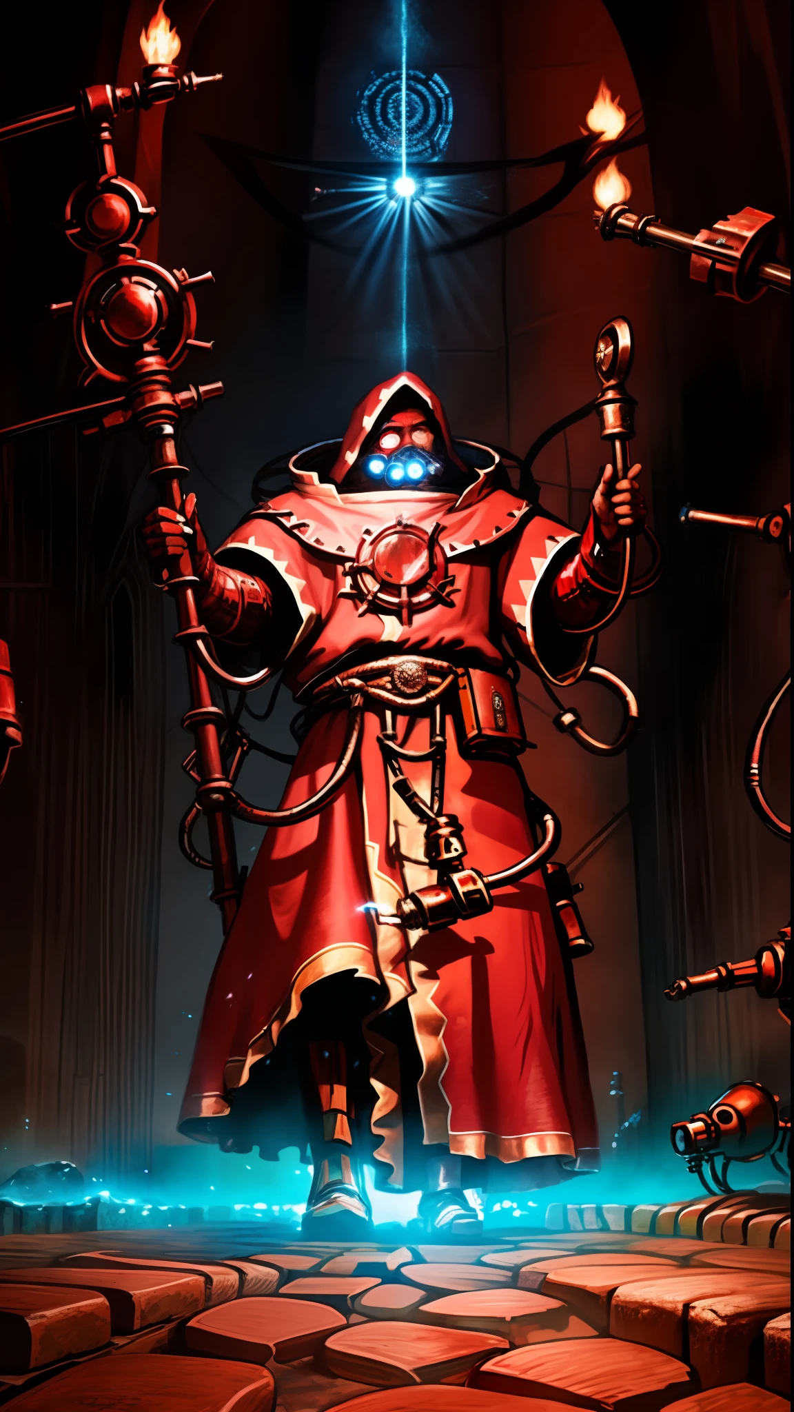 a man in a smithy holding a toaster, he is dressed in a red bush of hoods the edges of the robe are checkered, his eyes are robotic, his mouth too, best quality, hyper realism, details