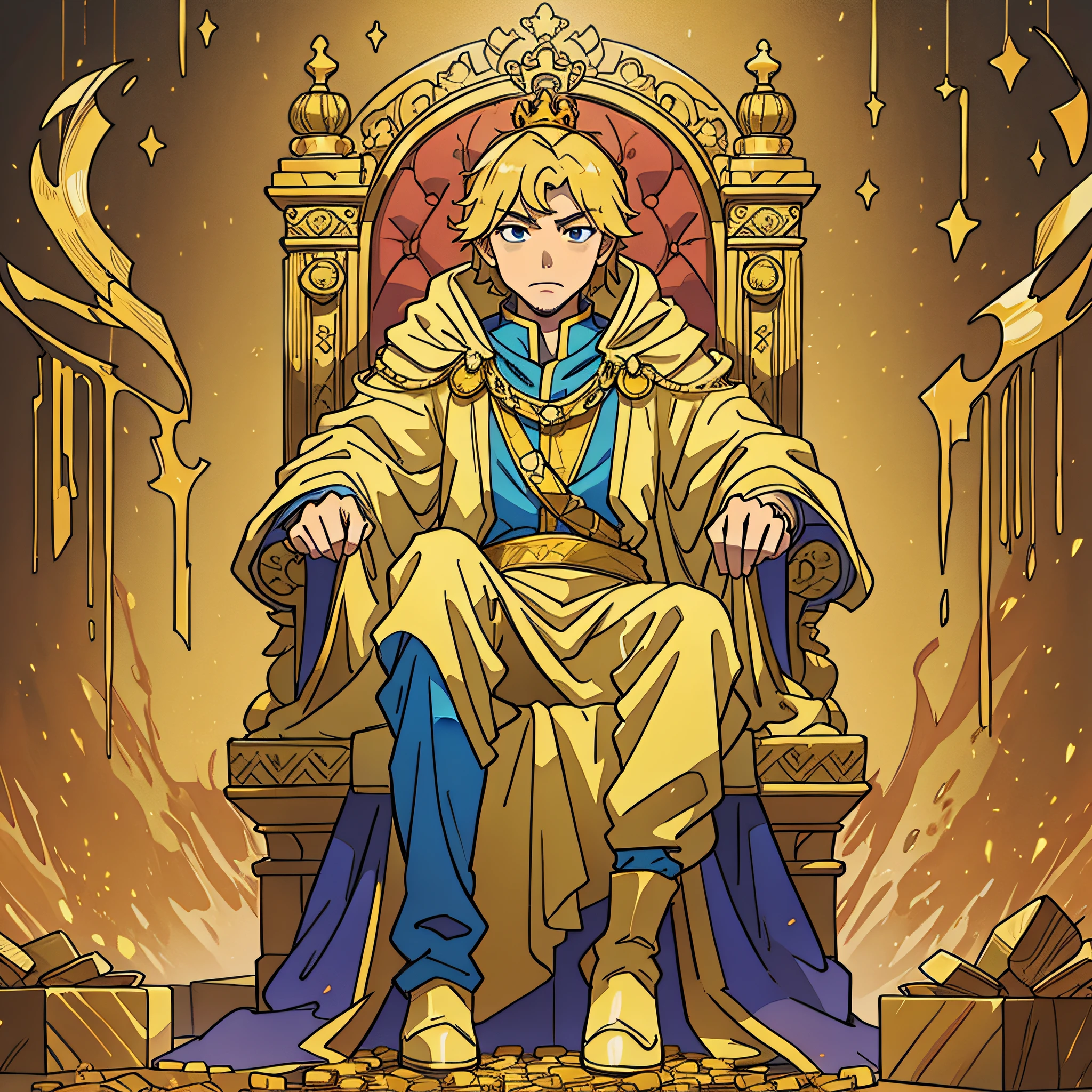 A king sitting on his throne with thousands of gold scattered