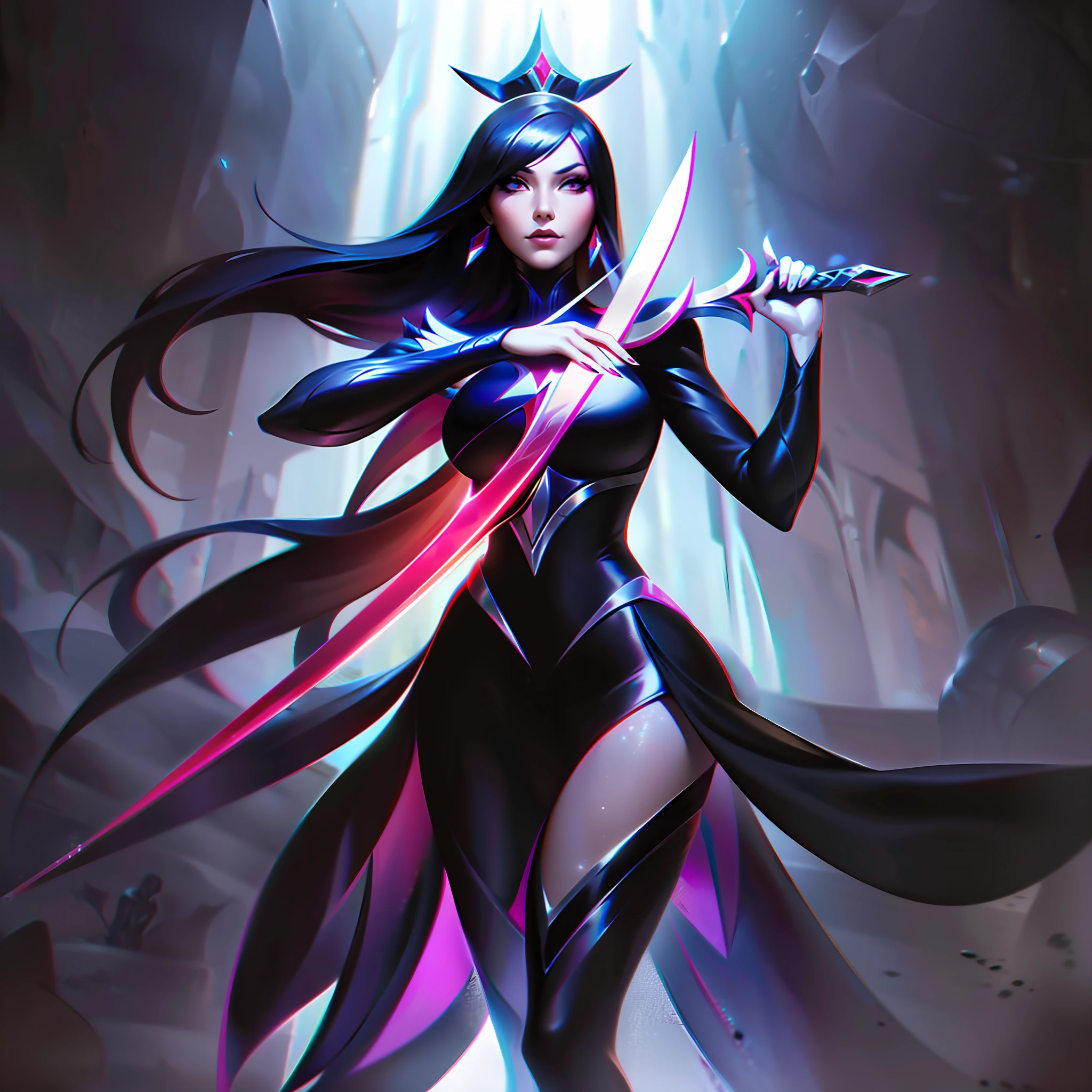 arafed image of a woman in a black outfit holding a sword, concept art by Yang J, trending on Artstation, conceptual art, orianna, league of legends character art, samira from league of legends, league of legends character, ig model | artgerm, lux from league of legends, league of legends splash art, irelia, kda