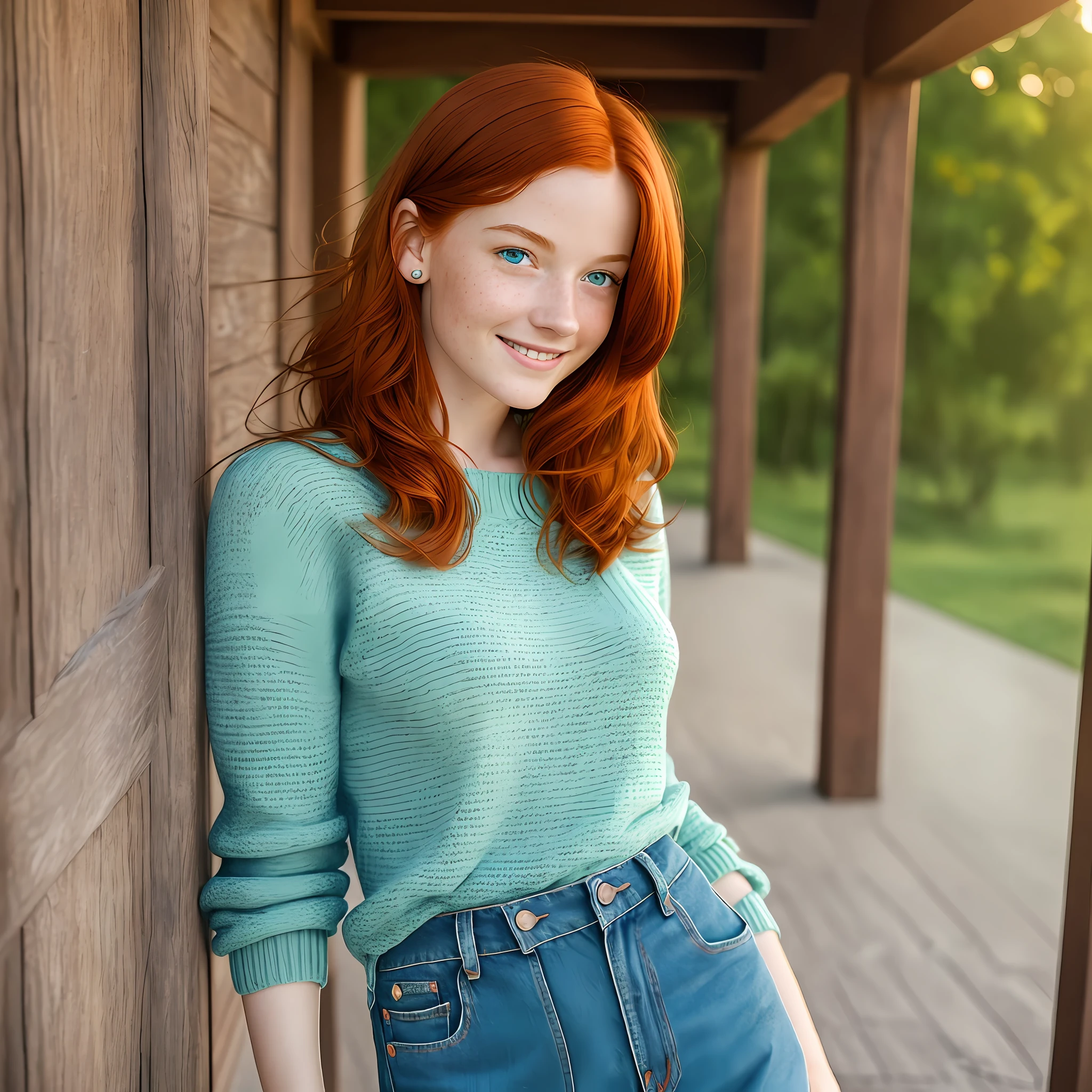 Masterpiece, best quality, realistic and perfect image, movie photograph of a beautiful woman with red hair, straight and short. Green eyes, fair skin,with freckles, delicate appearance, smiling, reddish lips,thin and wearing a light blue sweater and a jeans shorts.full body --auto --s2