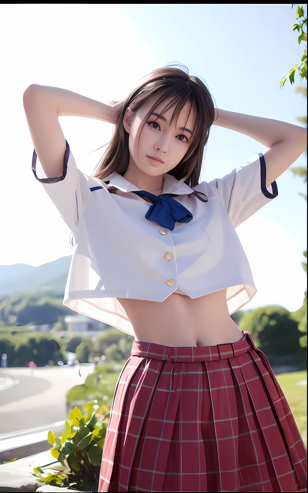 Beautiful woman standing on the beach under blue sky, wearing a transparent white jacket and a blue short miniskirt uniform,