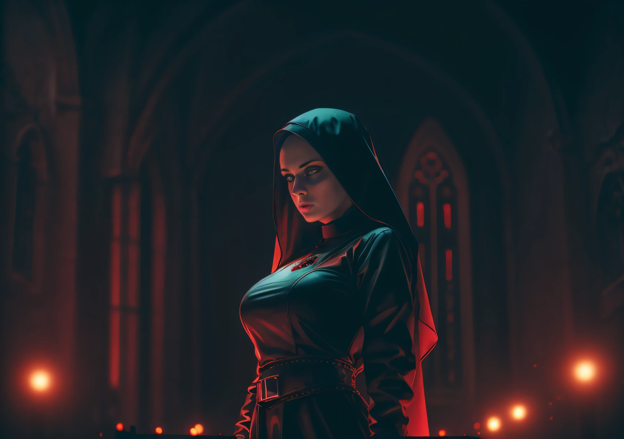 woman dj nun, dark, horror, red tones, gothic church in the background, ultra realistic, horror movie lighting, scary, chaos, neon lights in the background, realistic, dark, huge breast, Fujifilm Fujichrome Provia 100F movie, flashlight, ultra realistic, 8K UHD. --auto --s2