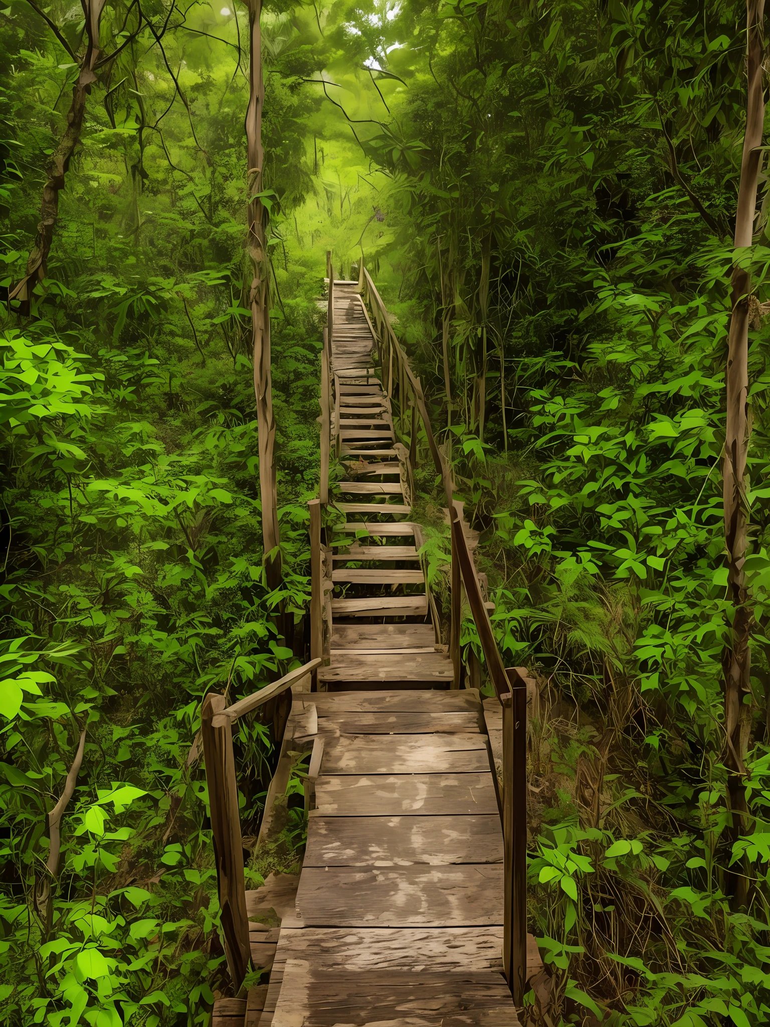 arafed wooden stairs lead up to a wooden platform in the woods, steps leading down, outdoor staircase, with lots of vegetation, stairway to heaven, 400 steps, long winding stairs going down, stairs from hell to heaven, wooden stairs, view from bottom to top, impossible stairs, hiking trail, hanging bridge!!, stairway, in jungle forest, wooden platforms