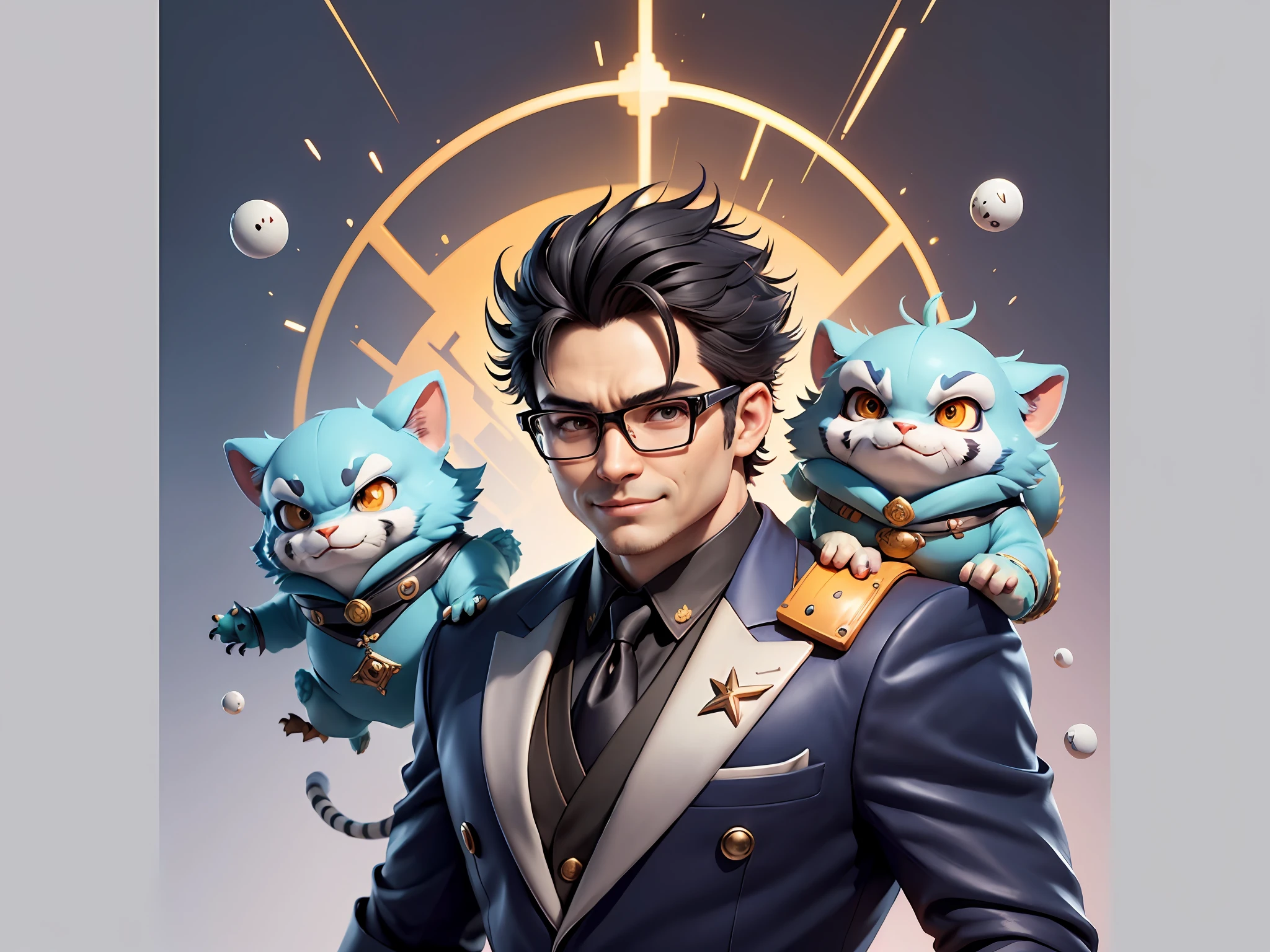 (Masterpiece), (Extreme Quality), (Super Meticulous), (Full Body: 1.2), Super Young Man, Chinese Dragon, Tiger, Wind God Thor, Sexy, Bursting, Oriental Face, TV Anchor, Bust Portrait Illustration, Black Formal Suit, Blue Tie, Slightly Chubby Face, Silver Glasses, Very Clean Face, No Beard on Chin, Black Super Short Hair, Black Eyes, Confident Smile, 3c Computer Sub-Products, iPad, iPhone, Digital Painting, 3D Character Design by Mark Claireden and Pixar and Hayao Miyazaki and Akira Toriyama, The illustration is a high-definition illustration in 4K resolution with very detailed facial features and cartoon-style visuals.