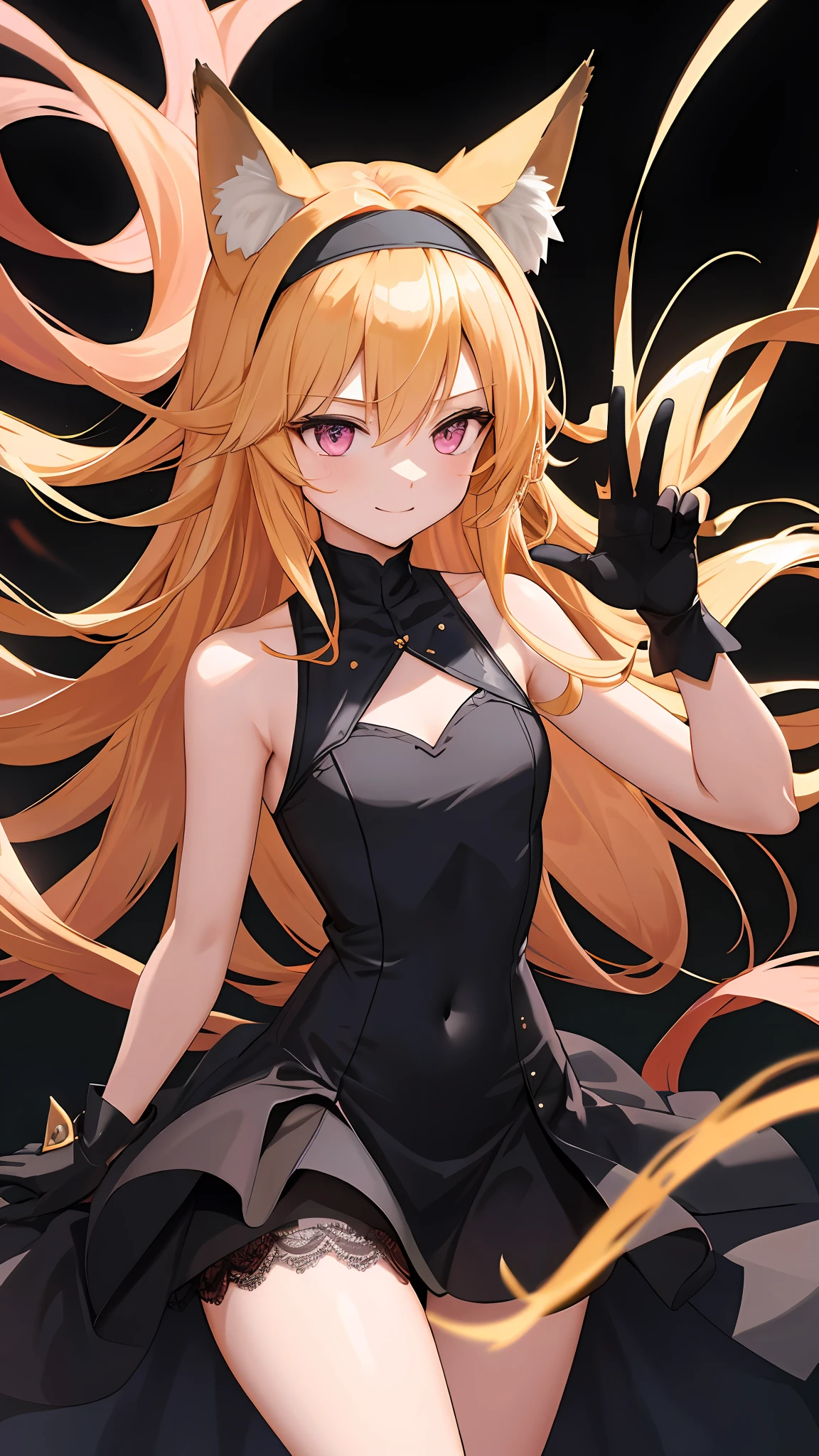 Masterpiece, best quality, high resolution, 1 girl, solo, , blonde hair, fox ears, sweet smile , thighs, long hair, flush bangs, black gothic style outfit, sleeveless, bare shoulders, black silk, lace gloves, pink eyes, flat chest, leaky navel, bare thighs, armbands, princess dress, uneven legs, hair between the eyes, church, prayer movements