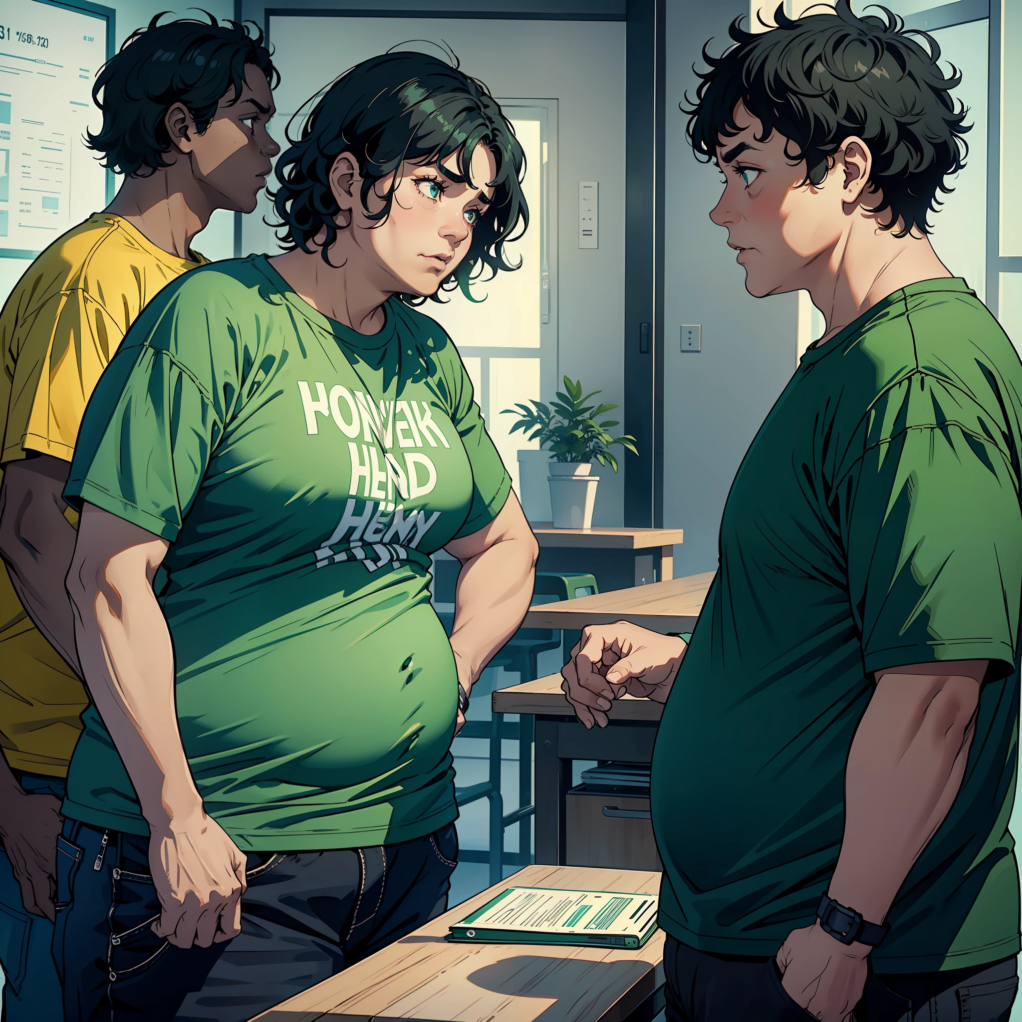 A middle-aged man with green T-shirt and short black hair, (obesity: 1.5), a middle-aged woman with blue T-shirt and black curly hair, (obesity: 1.5), arguing in the room