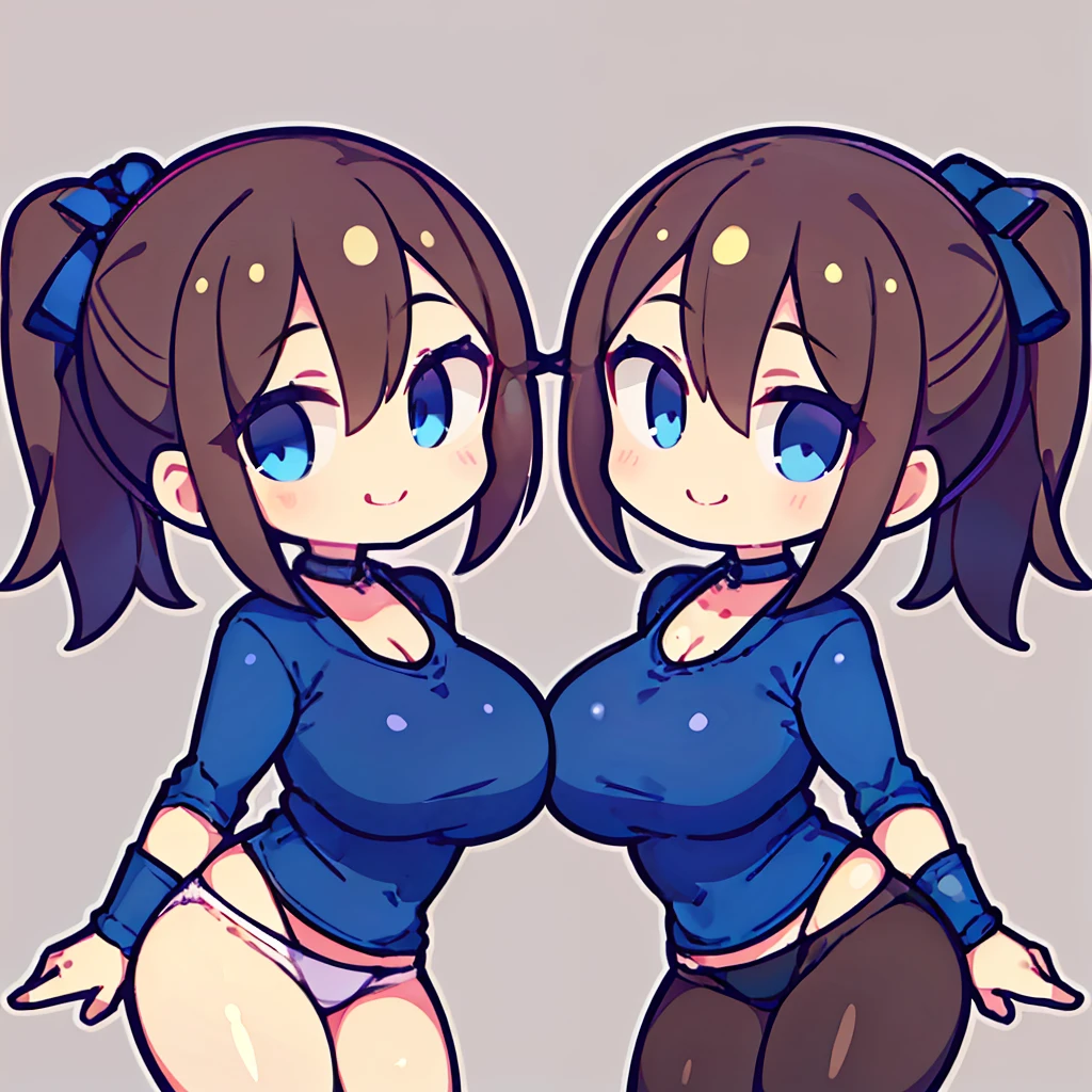 ((masterpiece)), ((best quality)), perfect face, ((doppelganger:1.5)),(cute:1.4),(selfcest:1.5),(twins:1.5),(clone:1.5), ((anime)), identical, ((large breasts)), (young:1.4), (short:1.4), ((clones)), (li:1.5), (2girls;1.5), ((no nose)), ((no ears)), ((dark brown hair, neat hair,ponytail, blue eyes, ((short body ratio:1.4)), short torso, cel shading, round head)), ((absurdres)), shiny eyes, smiling, ((same person)), ((sexy)), ((sexy clothes)), ((duplicate character)), chibi