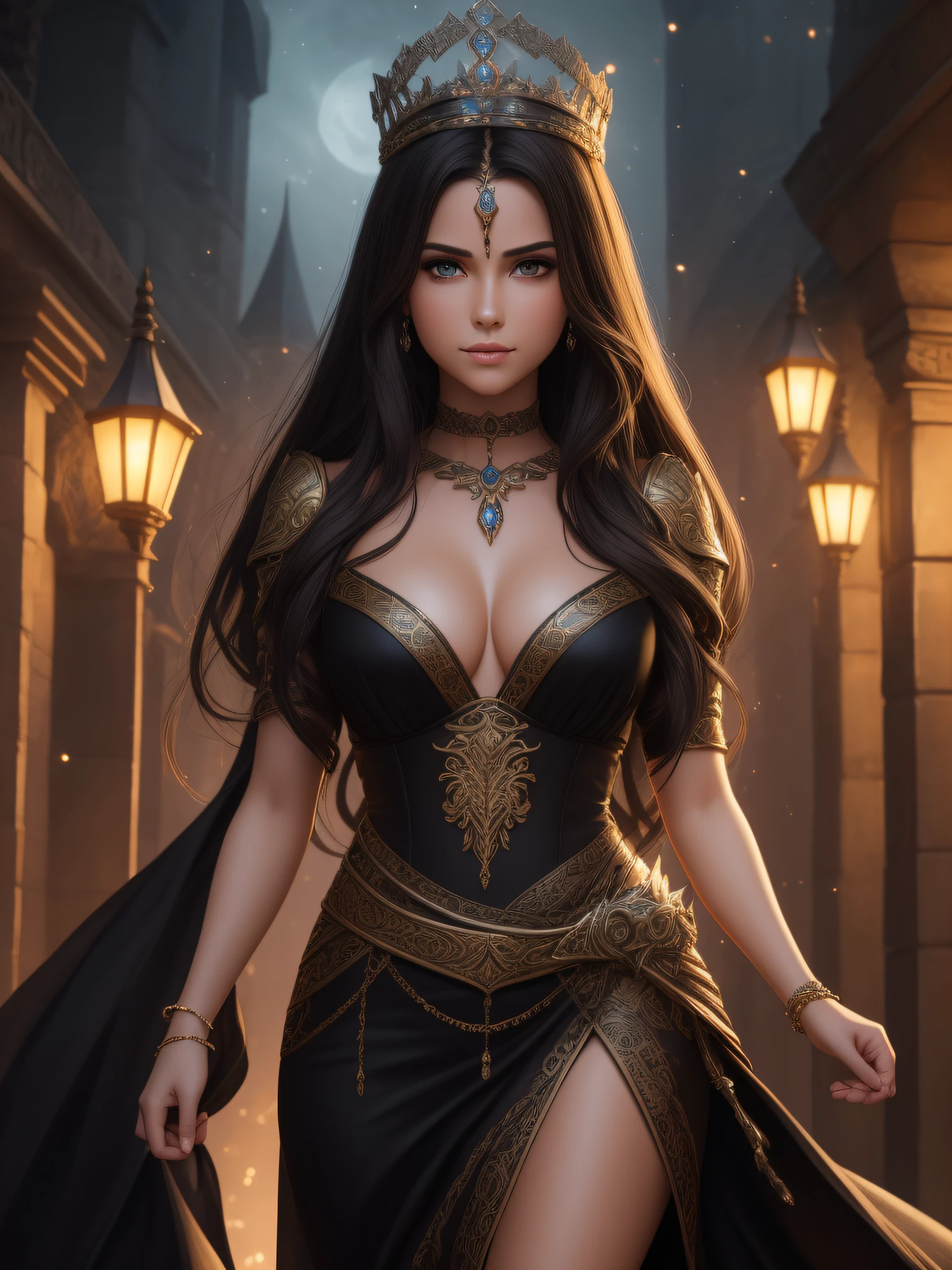"Complete artwork masterpiece, high quality, ultra detailed in 4k, 8k, high resolution, hyper-realistic photo, hyper-detailed, realistic skin texture, amazing shadows, highly detailed background, extremely detailed texture, perfect lighting, high-level image quality." A queen of high fantasy realm, fair skin, full body pic, long elegant black dress, long black hair, brown eyes, defined face, half-open mouth, small breasts, choker, night lights, high detailed background of fantasy realm night.