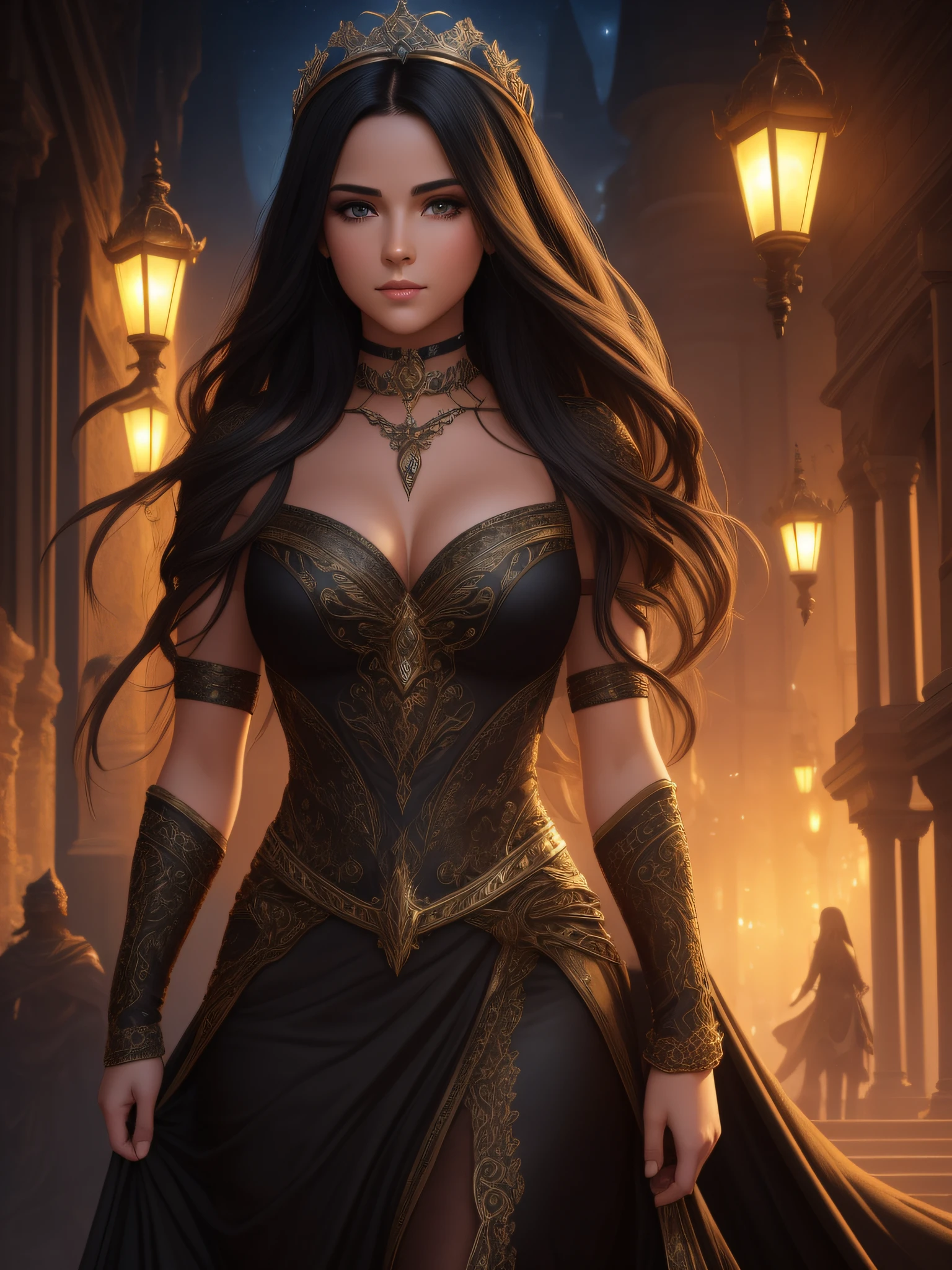 "Complete artwork masterpiece, high quality, ultra detailed in 4k, 8k, high resolution, hyper-realistic photo, hyper-detailed, realistic skin texture, amazing shadows, highly detailed background, extremely detailed texture, perfect lighting, high-level image quality." A queen of high fantasy realm, fair skin, full body pic, long elegant black dress, long black hair, brown eyes, defined face, half-open mouth, small breasts, choker, night lights, high detailed background of fantasy realm night.