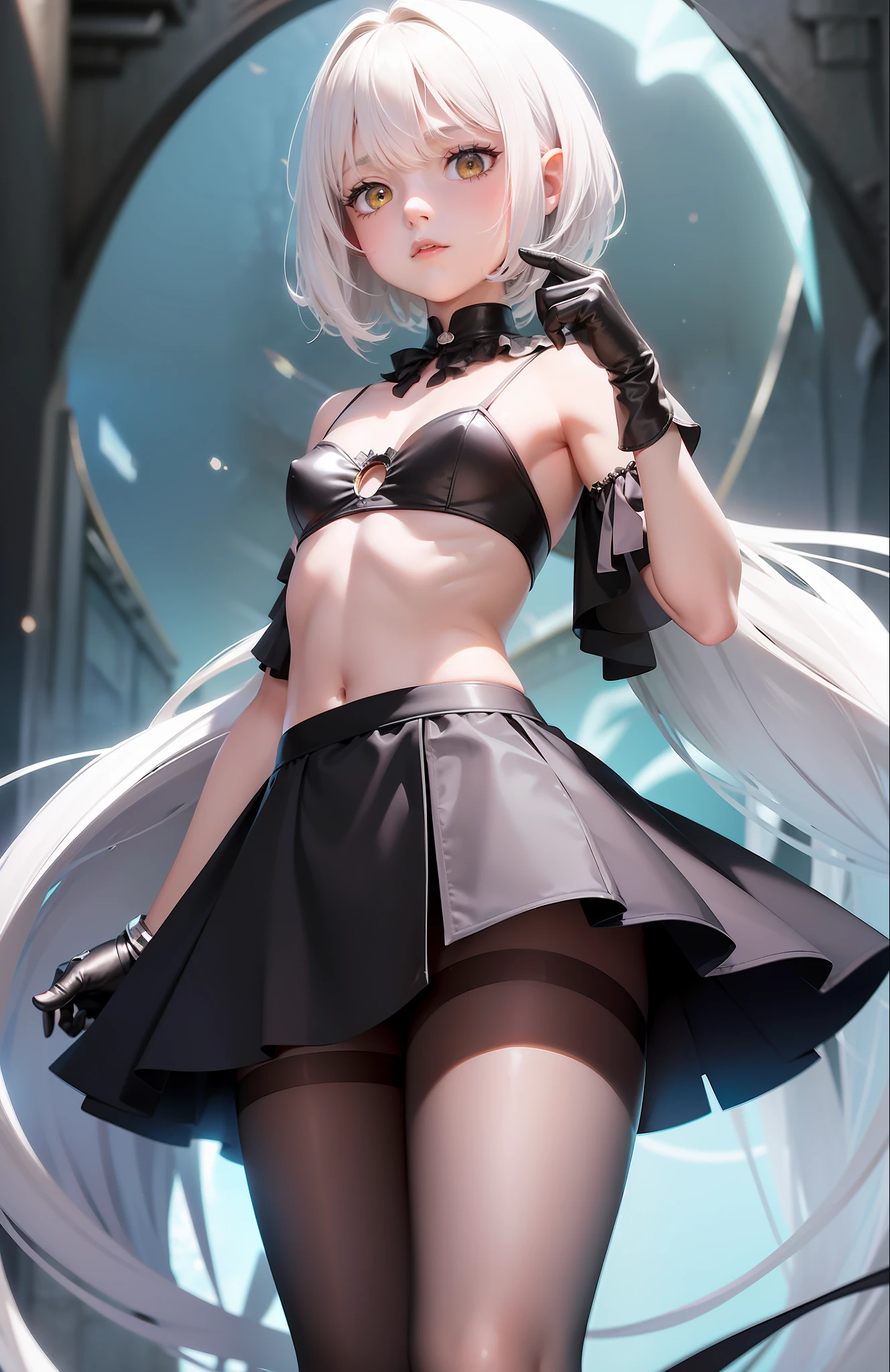 (1 girl, solo, children), (masterpiece, excellent quality, extremely detailed), (white hair, hair falling in strands and spike at end), (short hair, yellow eyes, big eyes, glowing eyes), (flat chest), (big waist), (short stature), (black slip, hole in chest), (visible skin), (black tutu, pantyhose, gloves up to the forearm), (standing facing the viewer), (posing), (big thighs),  (grud legs), outwards), (chest outwards),