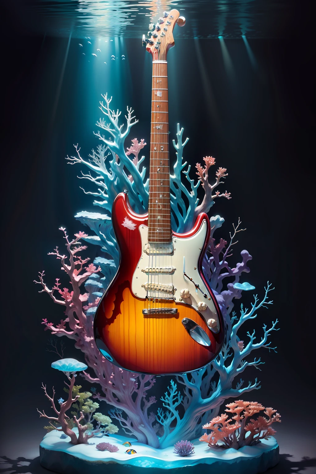 Ultra HD Vivid colors masterpiece ultra cinematic resolution.
The color guitar is the centerpiece of this digital image. She's frozen inside a transparent glass aquarium, with a thin layer of ice covering the entire surface of the guitar. The guitar strings are delicately intertwined with corals and algae that grow on the sides and bottom of the aquarium, forming a vibrant underwater backdrop.
The aquarium is illuminated by a soft blue light that reflects off the ice and walls of the aquarium, creating a dazzling effect. Several colorful fish swim around the guitar, admiring the beauty of the scene.
The detail of the image is incredible, with each guitar string detailed to perfection and the freezing effect of the colors is stunning. The resolution of the image is 16k, allowing you to visualize every detail with stunning clarity.