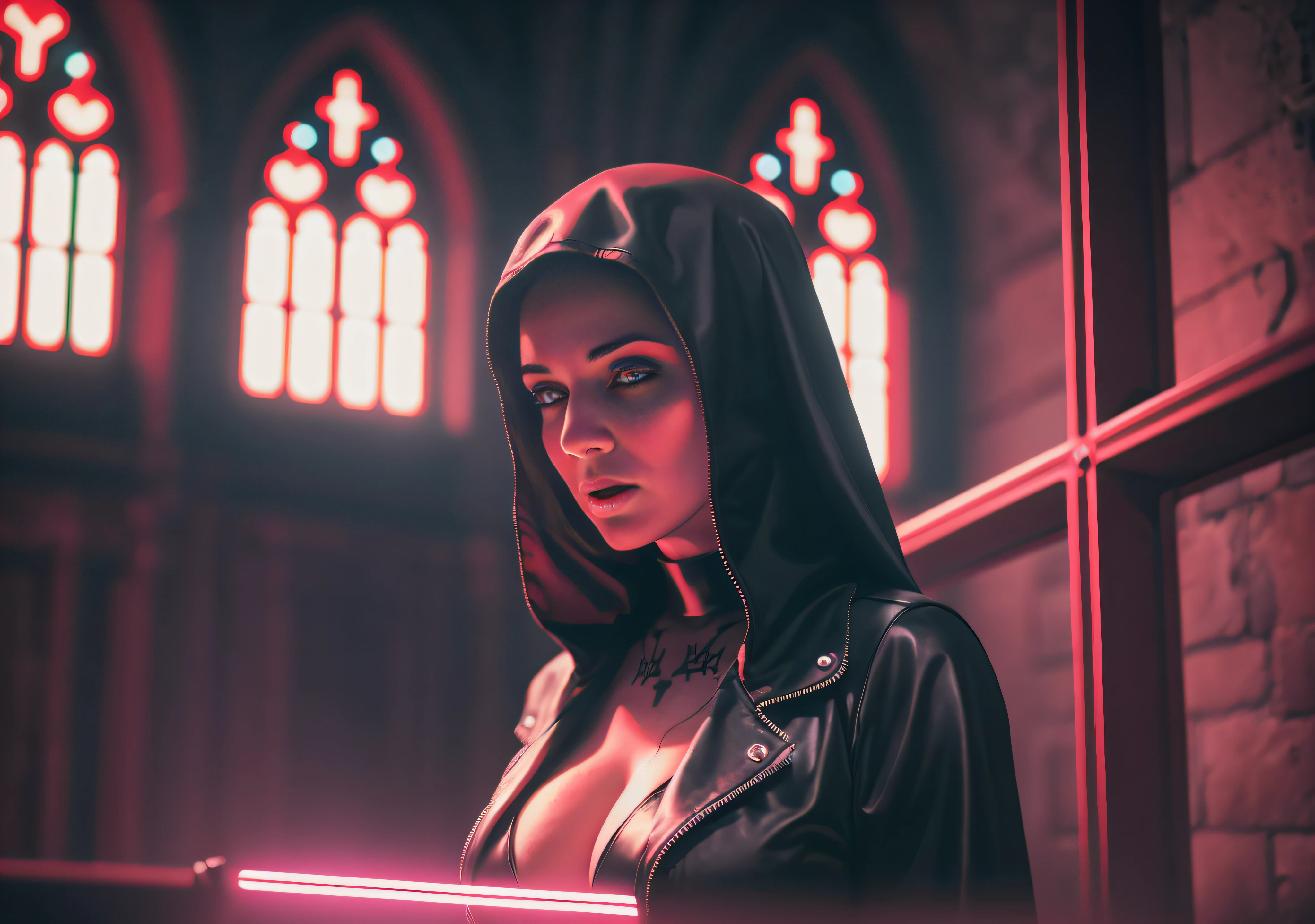 woman dj nun, dark, horror, red tones, gothic church in the background, ultra realistic, horror movie lighting, scary, chaos, neon lights in the background, realistic, dark, huge , Fujifilm Fujichrome Provia 100F movie, flashlight, ultra realistic, 8K UHD. --auto --s2