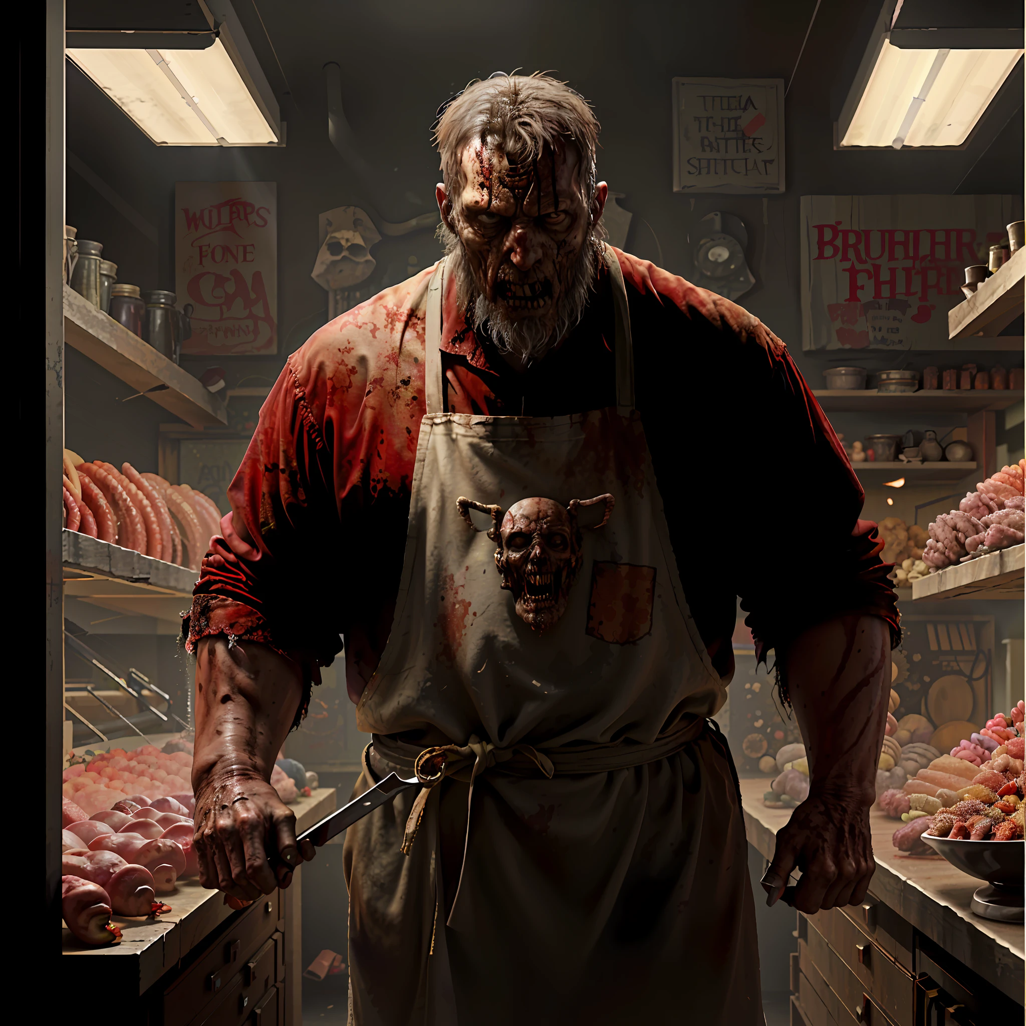 arafed man in a butcher shop with a knife in his hand, big butcher man posing scarily, butcher angry rotting zombie, butcher, wojtek fus, in a butcher shop, zombie in horror concept art, by Ryan Barger, by Ludwik Konarzewski Jr, by Daniel Ljunggren, by Artur Tarnowski