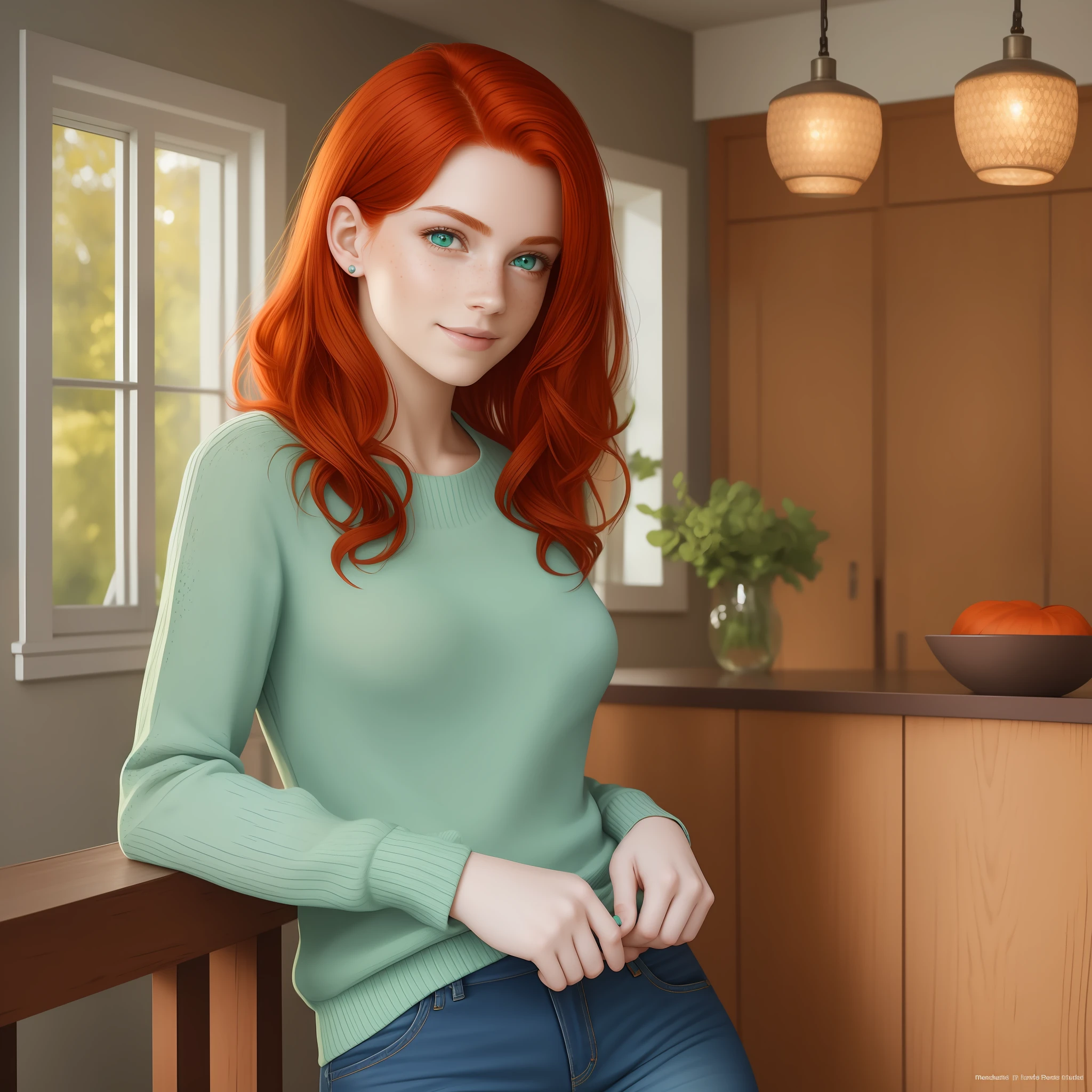 Masterpiece, best quality, realistic and perfect image, movie photograph of a beautiful woman with red hair, straight and short. Green eyes, fair skin,with freckles, delicate appearance, smiling, reddish lips,thin and wearing a light blue sweater and a jeans shorts.full body