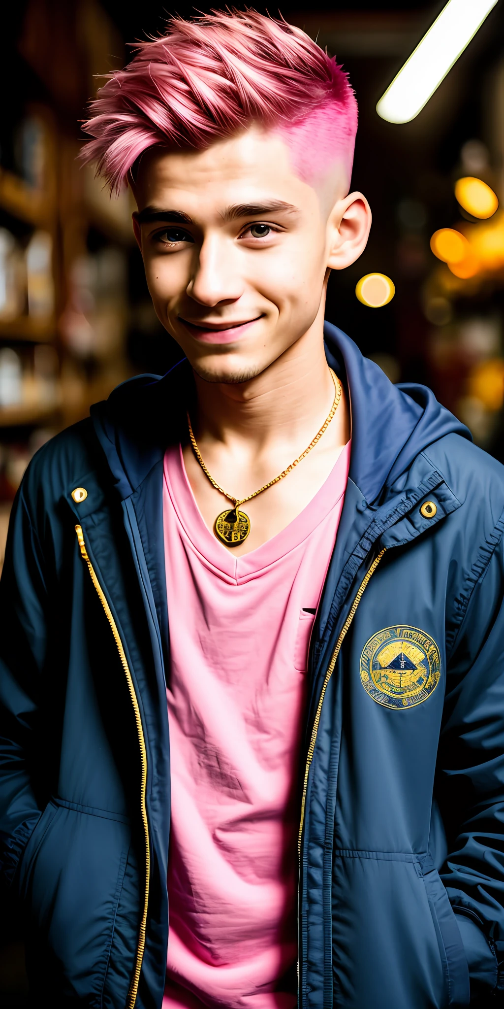 1 young boy Arafed man with a yellow jacket and a gold necklace, about 16 yearsrs, 1 6 yefile picture, Tommy 1 6 years, 16 - year - boy tace he abou years old, he is about 15 years hair: 1.5)), ((smiling: 1rp blue eye: 1.9)), ((short hair: 1.9)), ((low quality)), ((front photo)),((wearing black jacket)), ((with hand on face: 1.9)), in a canteen bar sitting bottles of tequila liqueur, Lighting-Gold (dark and gloomy environment: 1.2) (masterpiece: 1.2), (best quality), (Clutter-Home) (8k) (HDR) (cinematic lighting) (sharp focus)