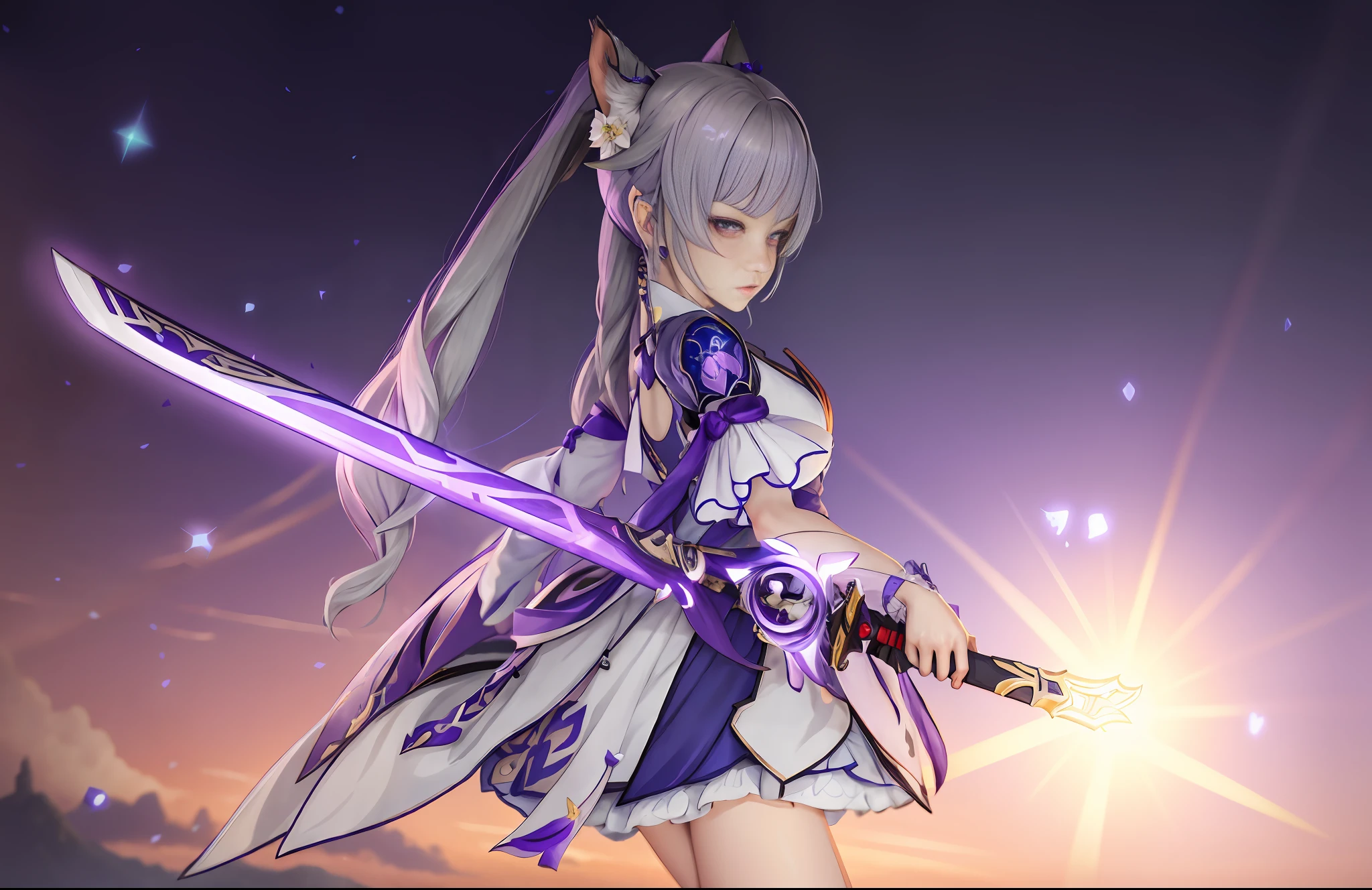 Woman in blue dress holding sword in front of purple background, realistic face, Ayaka Genshin Impact, Genshin Impact ketin, Genshin Impact character, Ayaka game Genshin Impact, Genshin Impact Nakazato, Katana Zero video game character, Genshin Impact style, detailed key anime art, Genshin, portrait Zodiac Girl Knight, masterpiece, (photorealistic: 1.4), Top Quality, Beautiful Lighting, (ulzzang-6500:0.5), (Gray Hair) + (Long Hair) + (Bangs), Purple Eyes, Luminous Eyes, (Ticking), Genshin Impact, Cat Ears, Detailed Neon, RAW Photos, 8k UHD, Film Grain
