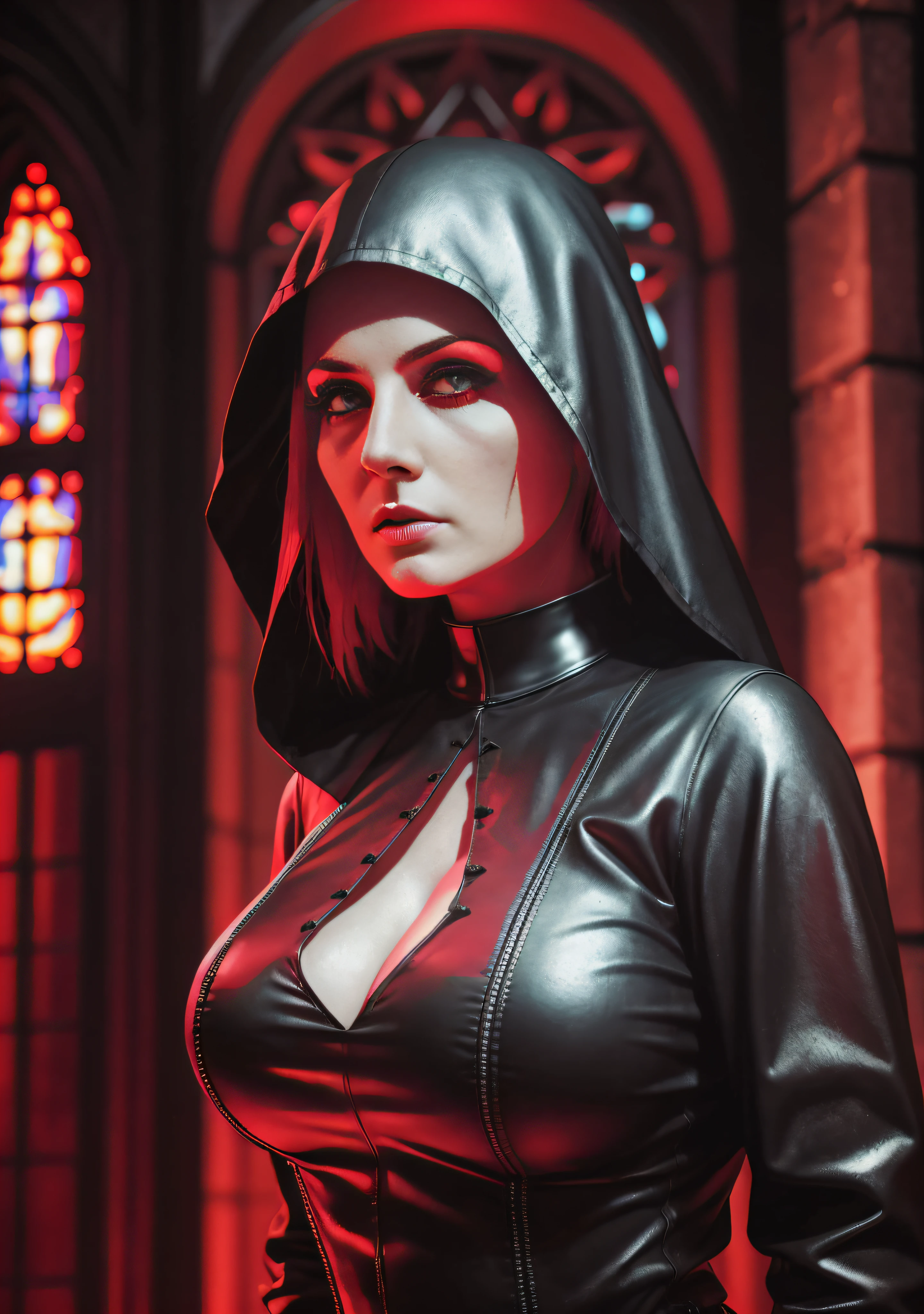 woman dj nun, dark, horror, red tones, gothic church in the background, ultra realistic, horror movie lighting, scary, chaos, neon lights in the background, realistic, dark, huge breast, Fujifilm Fujichrome Provia 100F movie, flashlight, ultra realistic, 8K UHD. --auto --s2