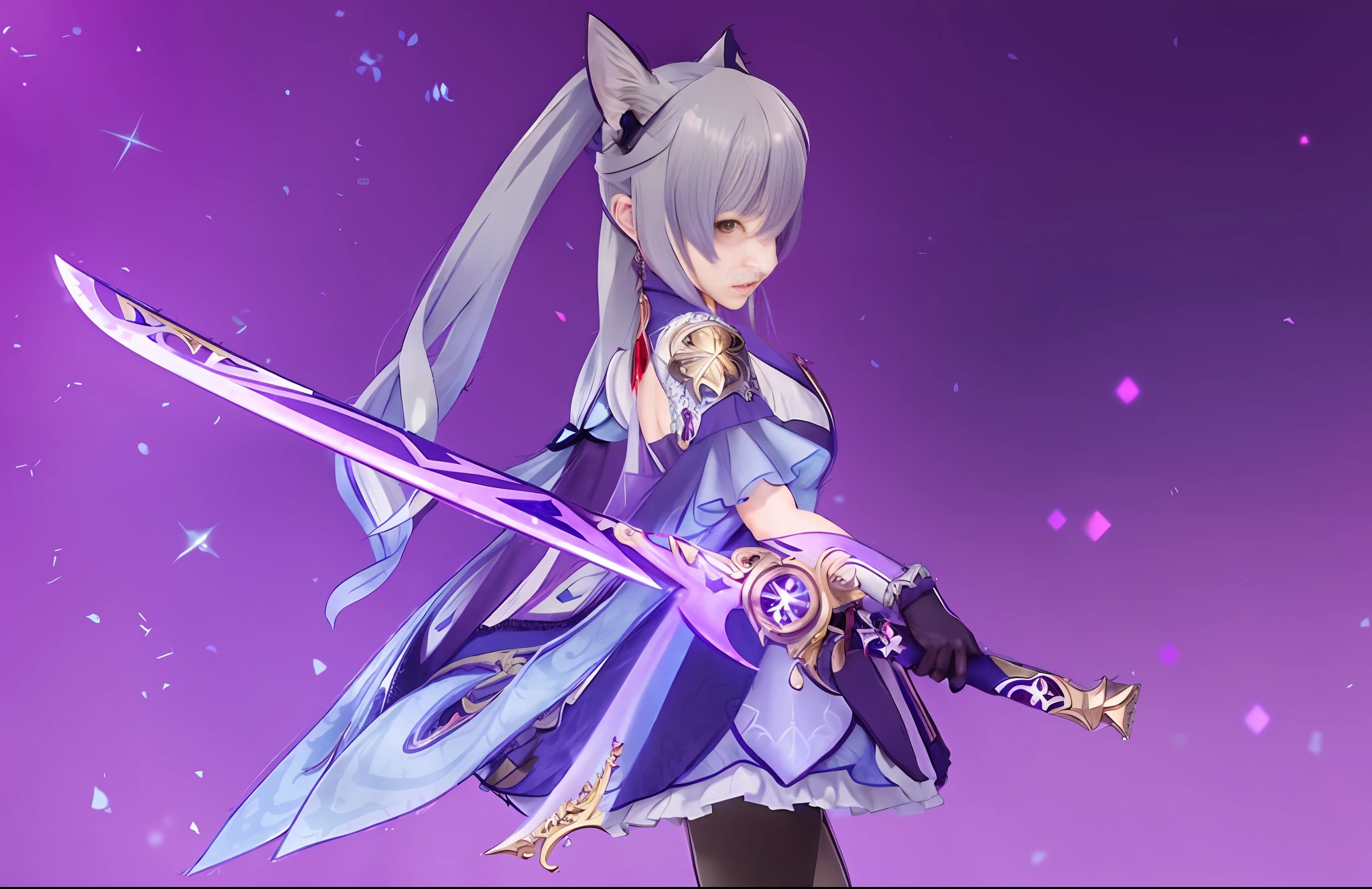 Woman in blue dress holding sword in front of purple background, Ayaka Genshin Impact, Genshin Impact Kechin, Genshin Impact character, Ayaka game Genshin Impact, Genshin Impact Nakazato, Katana Zero video game character, Genshin Impact style, detailed key anime art, Genshin, portrait Zodiac Girl Knight, masterpiece, (Photorealistic: 1.4), Top Quality, Beautiful Lighting, (ulzzang-6500:0.5), (Gray Hair) + (Long Hair) + (Bangs), Purple Eyes, Luminous Eyes, (Choshing), Genshin Impact, Cat Ears, Detailed Neon, RAW Photos, 8k UHD, Film Grain