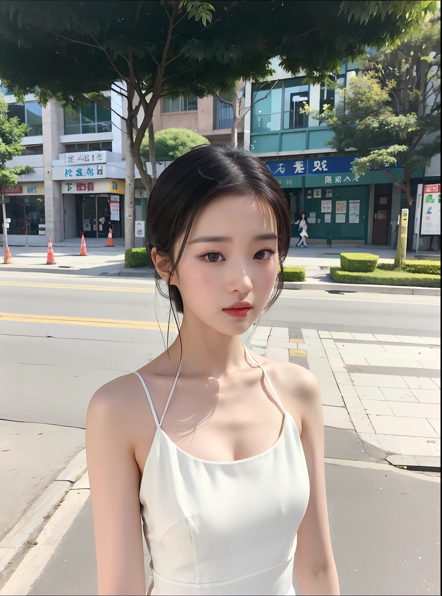 arafed woman in a white dress standing on a street corner, sha xi, xintong chen, wenfei ye, gorgeous chinese model, gorgeous young korean woman, jia, xision wu, yun ling, chinese girl, chengyou liu, lulu chen, korean girl, beautiful south korean woman, young cute wan asian face, heonhwa choe