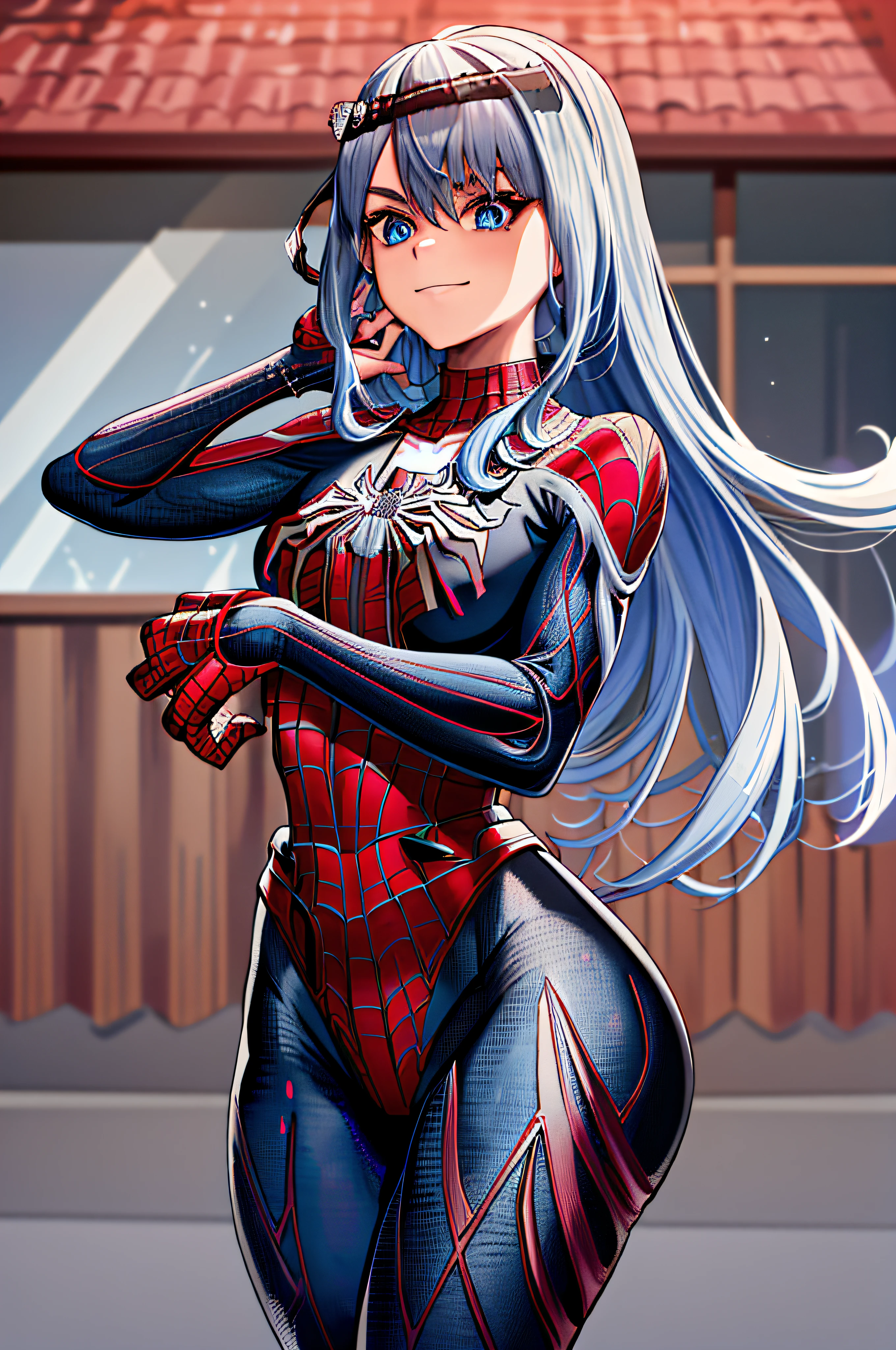 (masterpiece), (best quality), highres, kei1, 1girl, solo, blue eyes, long hair, (((wears a detailed black female spiderman costume with mask)))), spider web shaped ribbon, bangs, long hair and price, collar bone, gray hair, black hair band, neck ribbon, hair between eyes, medium-sized breasts, cowboy shot, smile, ((detailed anatomically correct body with detailed hands without errors)), ((She has battle pose)), (she's shooting cobwebs like spider-man but with sharp ice), (full detallado escenario)