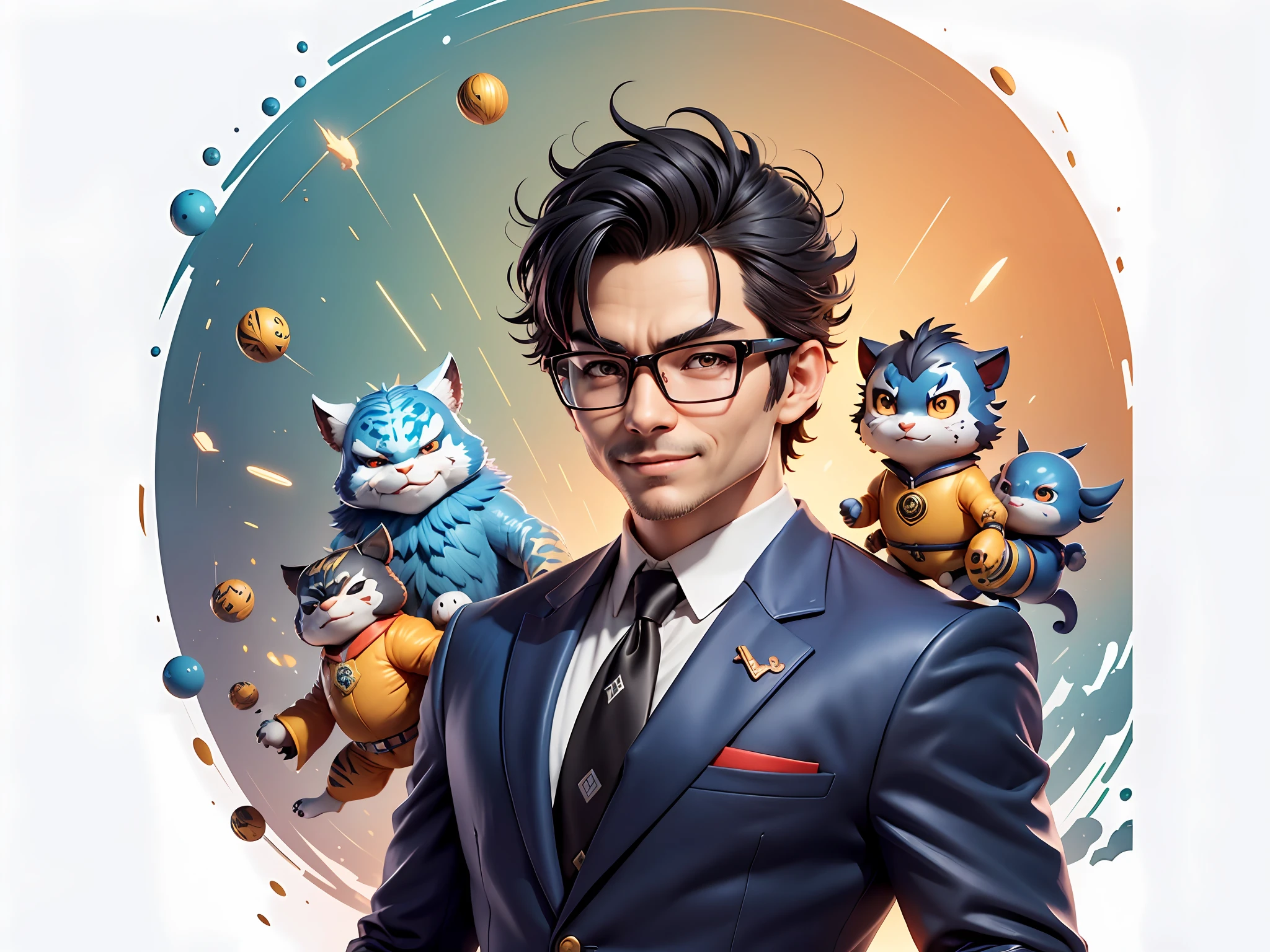 (Masterpiece), (Extreme Quality), (Super Meticulous), (Full Body: 1.2), Super Young Man, Chinese Dragon, Tiger, Wind God Thor, Sexy, Bursting, Oriental Face, TV Anchor, Bust Portrait Illustration, Black Formal Suit, Blue Tie, Slightly Chubby Face, Silver Glasses, Very Clean Face, No Beard on Chin, Black Super Short Hair, Black Eyes, Confident Smile, 3c Computer Sub-Products, iPad, iPhone, Digital Painting, 3D Character Design by Mark Claireden and Pixar and Hayao Miyazaki and Akira Toriyama, The illustration is a high-definition illustration in 4K resolution with very detailed facial features and cartoon-style visuals.