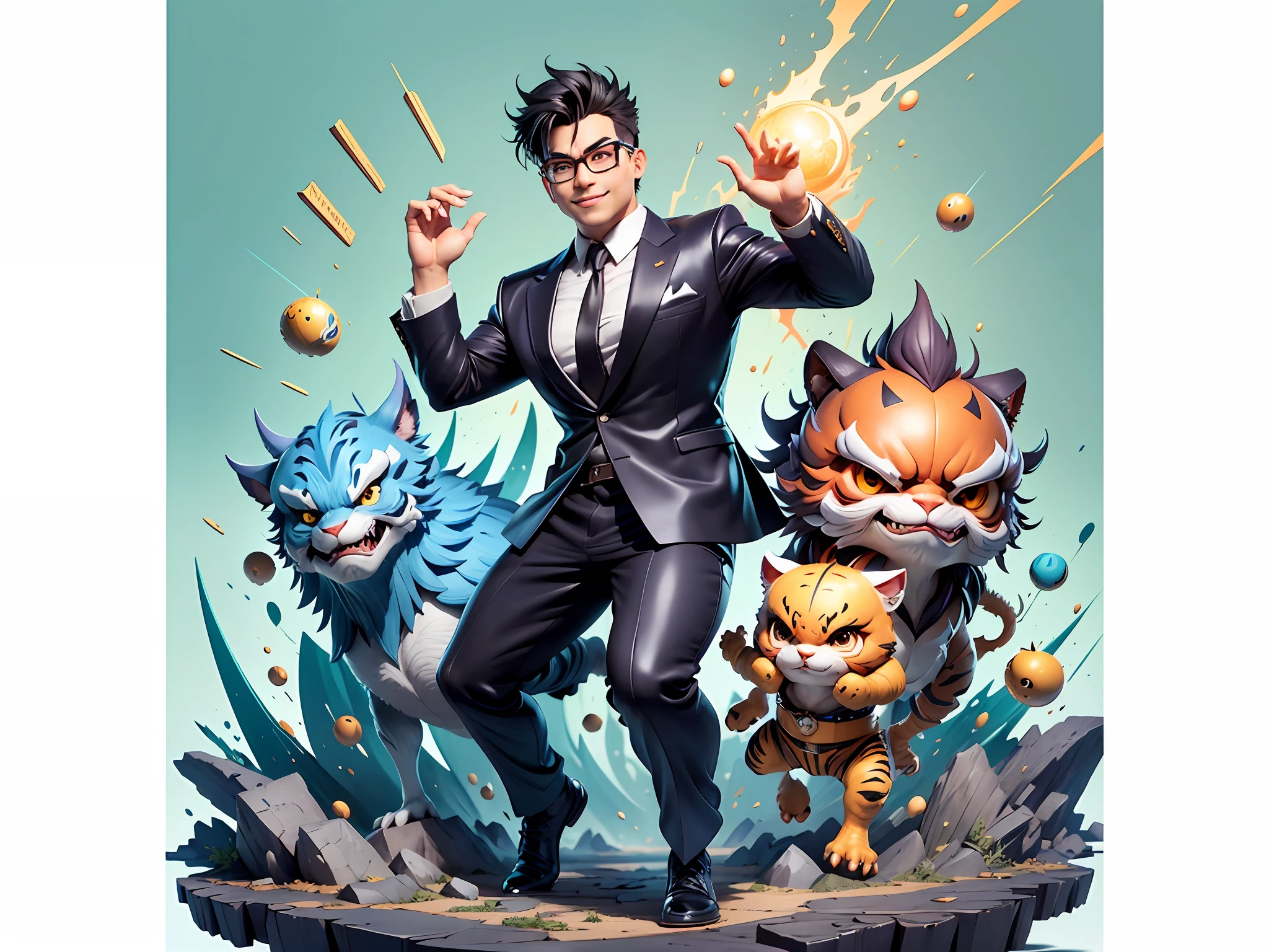 (Masterpiece), (Extreme Quality), (Super Meticulous), (Full Body: 1.2), Super Young Man, Chinese Dragon, Tiger, Wind God Thor, Sexy, Bursting, Oriental Face, TV Anchor, Bust Portrait Illustration, Black Formal Suit, Blue Tie, Slightly Chubby Face, Silver Glasses, Very Clean Face, No Beard on Chin, Black Super Short Hair, Black Eyes, Confident Smile, 3c Computer Sub-Products, iPad, iPhone, Digital Painting, 3D Character Design by Mark Claireden and Pixar and Hayao Miyazaki and Akira Toriyama, The illustration is a high-definition illustration in 4K resolution with very detailed facial features and cartoon-style visuals.