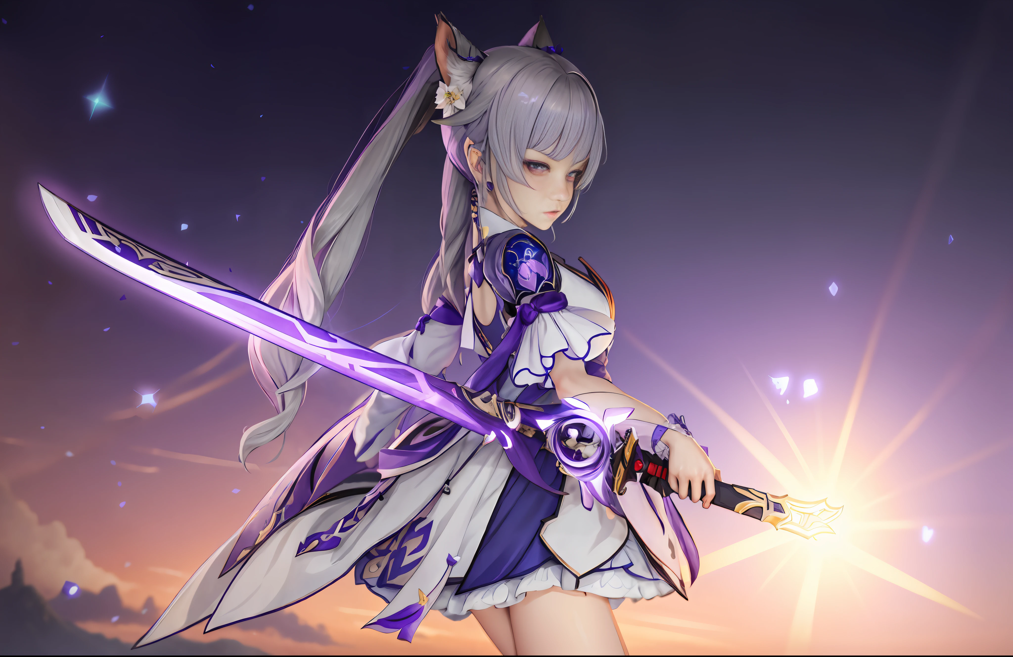 Woman in blue dress holding sword in front of purple background, realistic face, Ayaka Genshin Impact, Genshin Impact ketin, Genshin Impact character, Ayaka game Genshin Impact, Genshin Impact Nakazato, Katana Zero video game character, Genshin Impact style, detailed key anime art, Genshin, portrait Zodiac Girl Knight, masterpiece, (photorealistic: 1.4), Top Quality, Beautiful Lighting, (ulzzang-6500:0.5), (Gray Hair) + (Long Hair) + (Bangs), Purple Eyes, Luminous Eyes, (Ticking), Genshin Impact, Cat Ears, Detailed Neon, RAW Photos, 8k UHD, Film Grain
