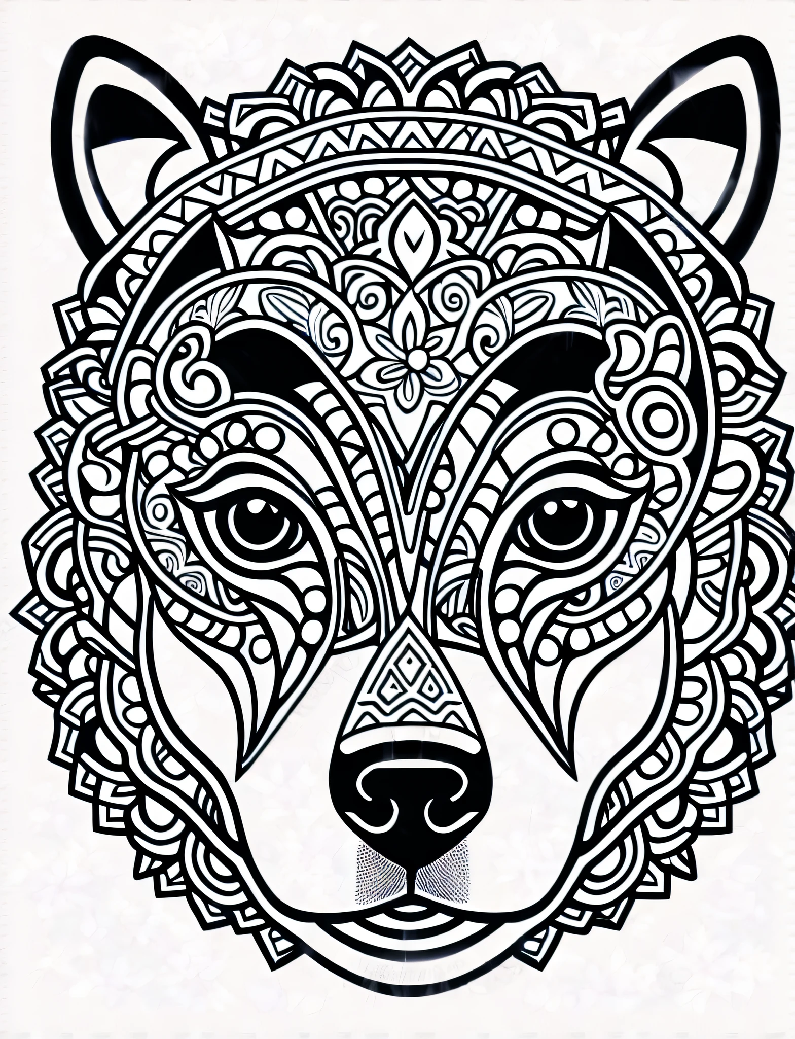 a Shiba Inu style dog, fantasy, magical, mandala, happy, black and white, equal wavy lines, realistic line art drawing, coloring book page, no noise, sharp thick lines, contour art, centered image, isolated on a white background