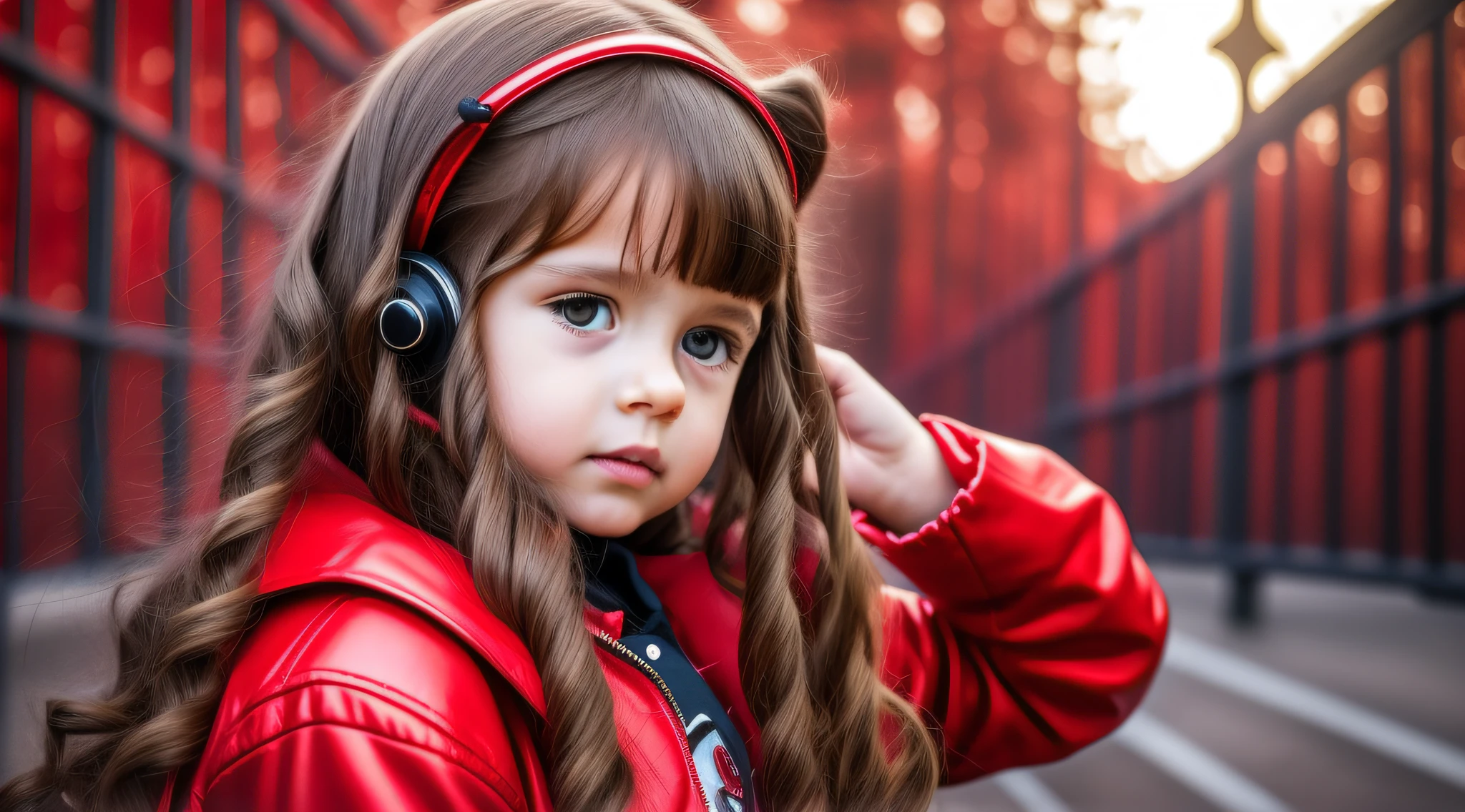 realistic, photorealistic, masterpiece, best quality, girl child 10 years, long hair EARPHONES, RED BACKGROUND, suspense atmosphere, red jacket, thriller, red jacket, wearing red jacket, brown pants red shirt, red jacket, wearing dead lion fantasy jacket, red and black costume!!!, red leather jacket. --auto --s2