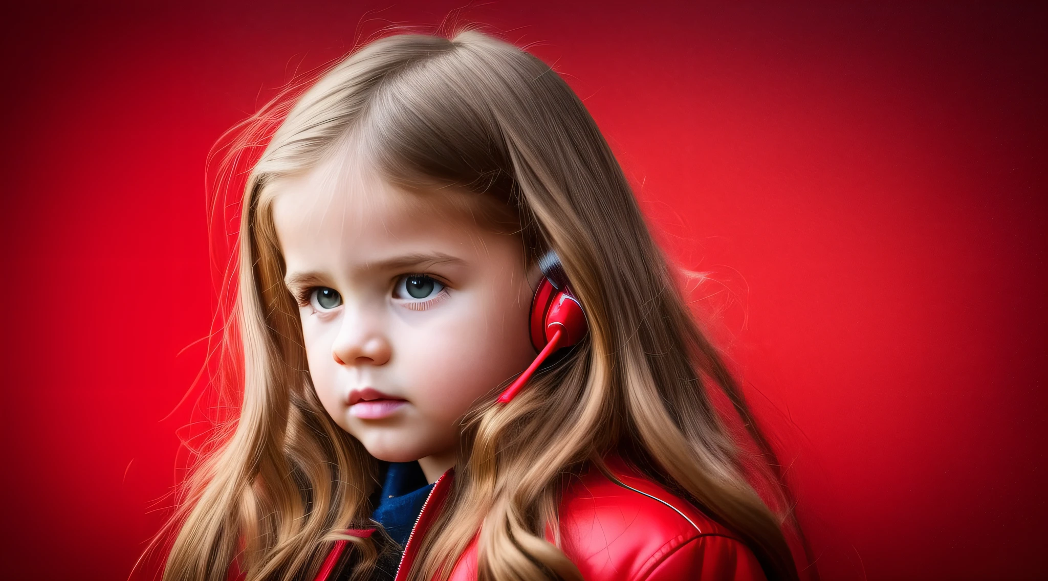 realistic, photorealistic, masterpiece, best quality, girl child 10 years, long hair EARPHONES, RED BACKGROUND, suspense atmosphere, red jacket, thriller, red jacket, wearing red jacket, brown pants red shirt, red jacket, wearing dead lion fantasy jacket, red and black costume!!!, red leather jacket. --auto --s2