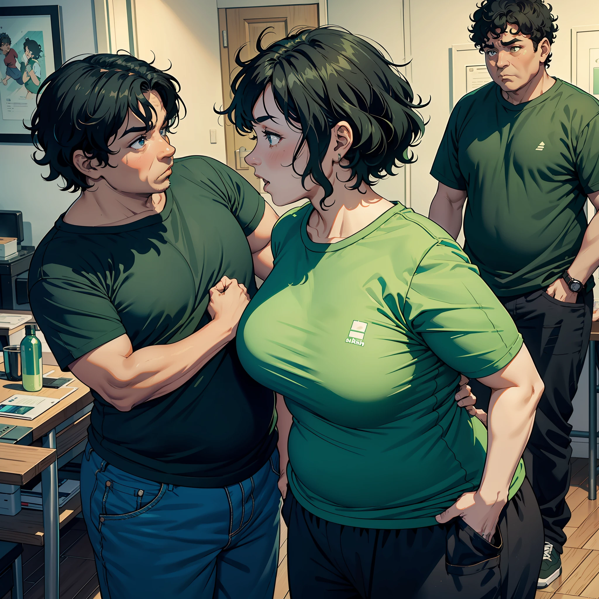 A middle-aged man with green T-shirt and short black hair, (obesity: 1.5), a middle-aged woman with blue T-shirt and black curly hair, (obesity: 1.5), arguing in the room