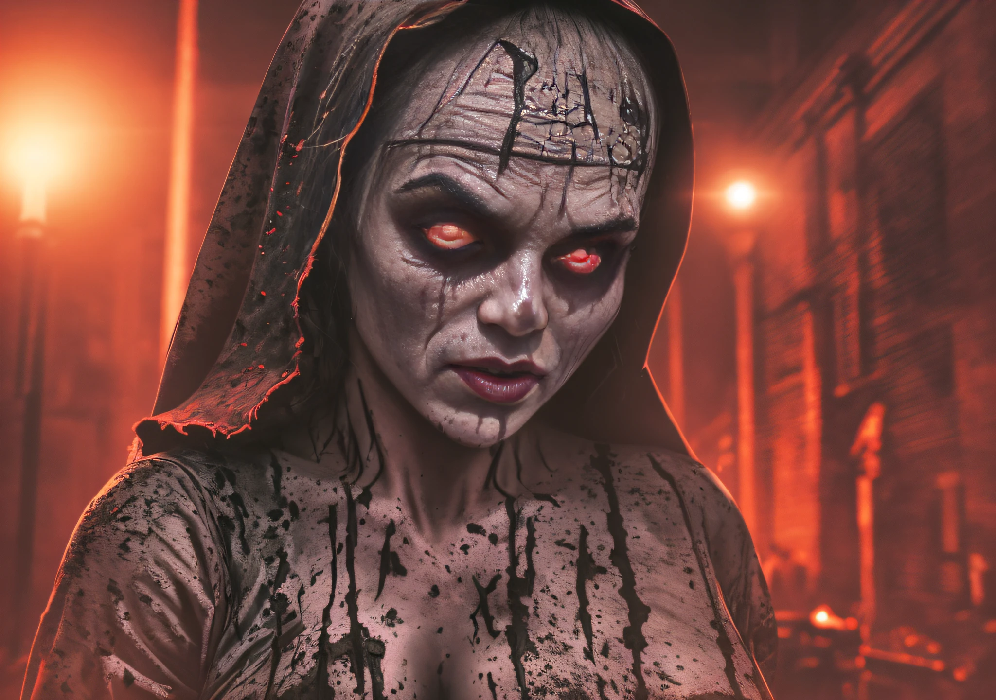 woman dj nun zombie, bloody face, dark, horror, red tones, gothic church in the background, ultra realistic, horror movie lighting, scary, chaos, neon lights in the background, realistic, dark, , Fujifilm Fujichrome Provia 100F movie, flashlight, ultra realistic, 8K UHD. --auto --s2