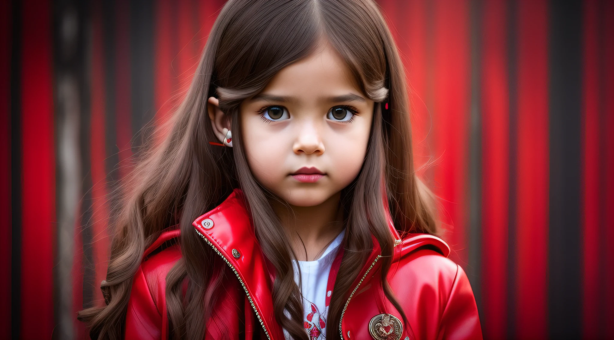 realistic, photorealistic, masterpiece, best quality, girl , long hair EARPHONES, RED BACKGROUND, suspense atmosphere, red jacket, thriller, red jacket, wearing red jacket, brown pants red shirt, red jacket, wearing dead lion fantasy jacket, red and black costume!!!, red leather jacket. --auto --s2