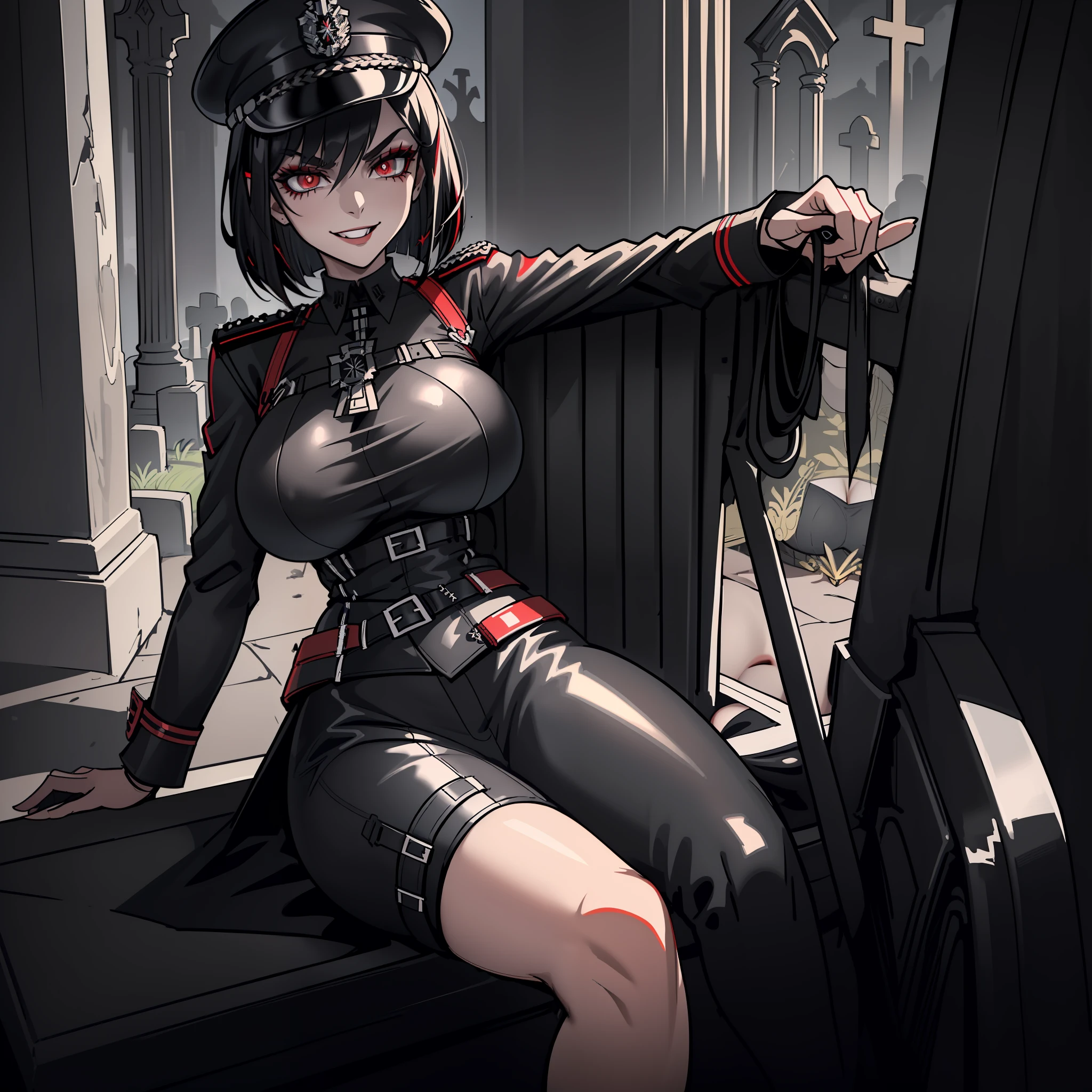 ((Masterpiece, top quality, super definition, ultra definition)), Solo, (Full body), ((27-year-old goth woman in black leather German official uniform in a cemetery)), ((wearing an army black leather hat)), ((Clear expression of body unevenness)), looking at the camera, female body, chest to show (covered nipple), ((nipple lozenges): 1.4), ((large breasts)), red eyes,  ((black hair bob)), horizontal seat, (strong makeup), constricted pupils, black pupils, (detailed hands), ((tall woman)), ((sadistic smile)), sharp focus, dynamic angle, deep shadows, spread legs