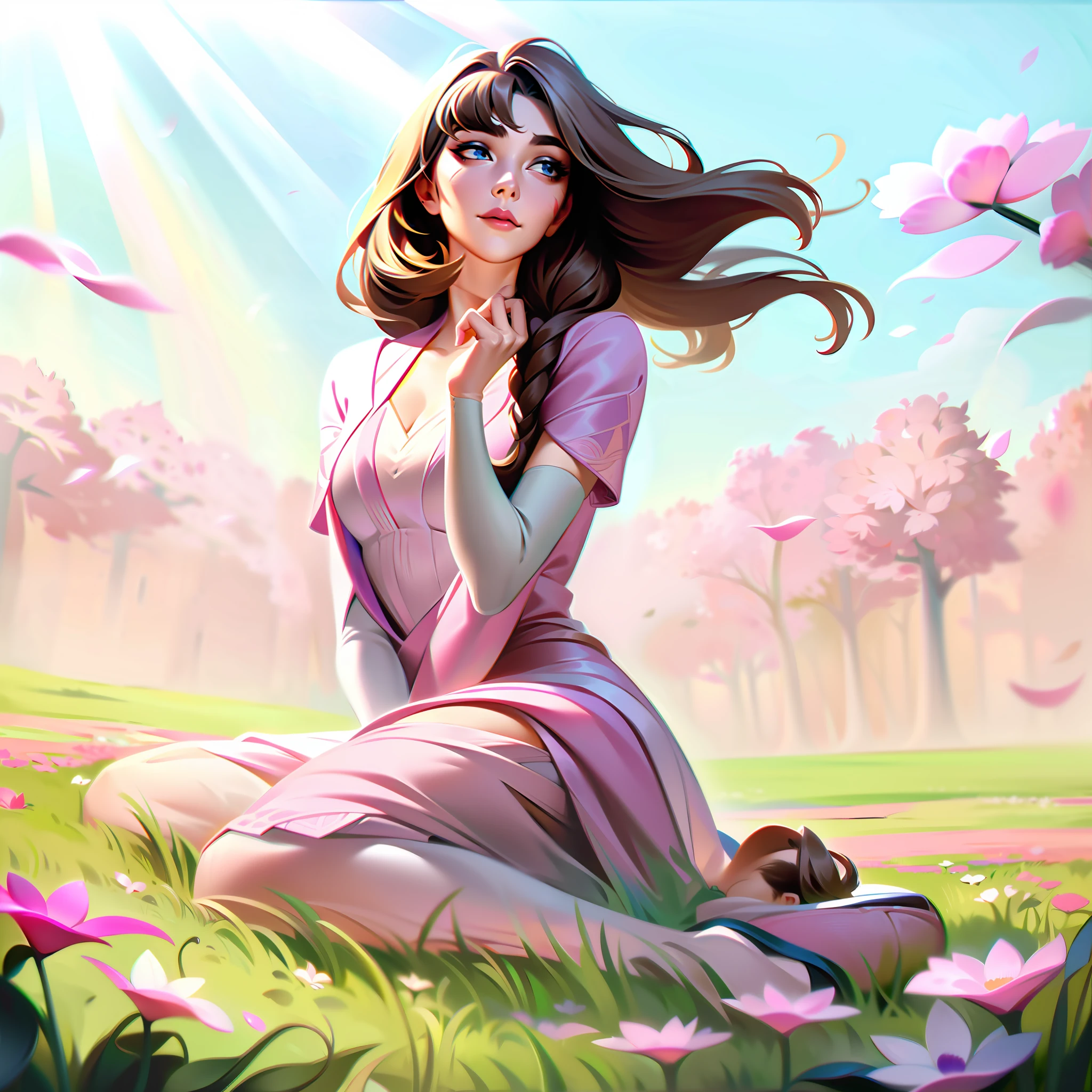 a woman with graceful features of soft brown hair with locks in the fringe of pastel pink color with light pink dress she is sitting in a field of flowers with soft and sunny lighting with baby green grass and a graceful and peaceful environment with petals in the air, Fantasy, Ace, 4k, High Resolution, Masterpiece, Best Quality, Soft Brushwork, Soft Lineart, Soft, Soft Splashart