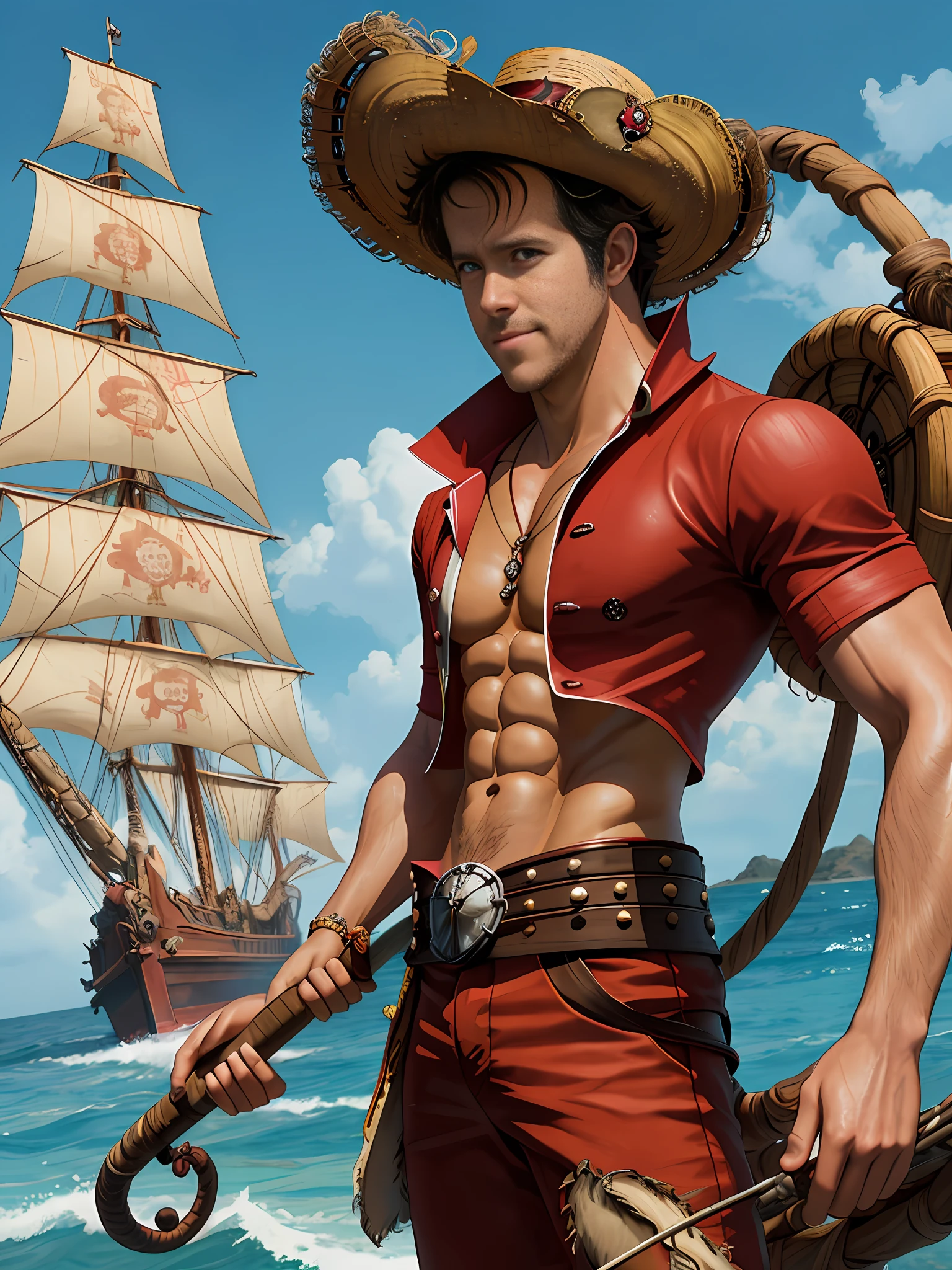 Ryan Reynolds as Monkey D. Luffy: Imagine Ryan Reynolds stepping into the shoes of the rubber-powered pirate Monkey D. Luffy from the adventurous anime and manga series "One Piece." In an unexpected twist, Ryan Reynolds becomes Luffy, the captain of the Straw Hat Pirates on a quest to find the ultimate treasure, the One Piece. With his wacky personality, stretchy abilities, and unwavering loyalty to his crew, Ryan Reynolds embarks on thrilling sea voyages, battles powerful enemies, and dreams of becoming the Pirate King.