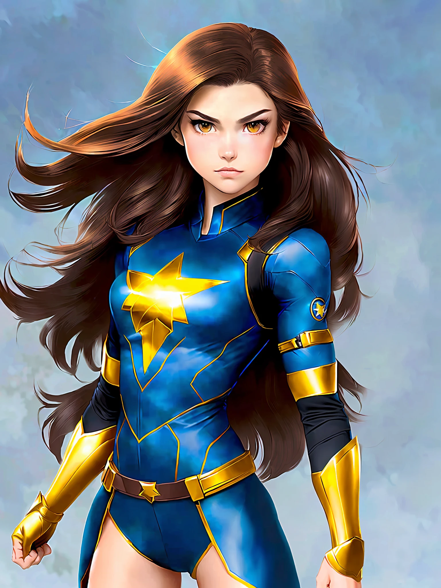 "Draw a young heroine named Chloe. She is 20 years old and is a superhero with super strength powers. Cloe has long dark brown hair, expressive and determined eyes. His facial expression conveys courage and determination. She wears a modern superhero costume, with predominantly blue and silver colors, with gold accents. The suit should be practical and allow freedom of movement. Chloe's overall appearance should reflect his power and strength, conveying a sense of confidence and heroism."