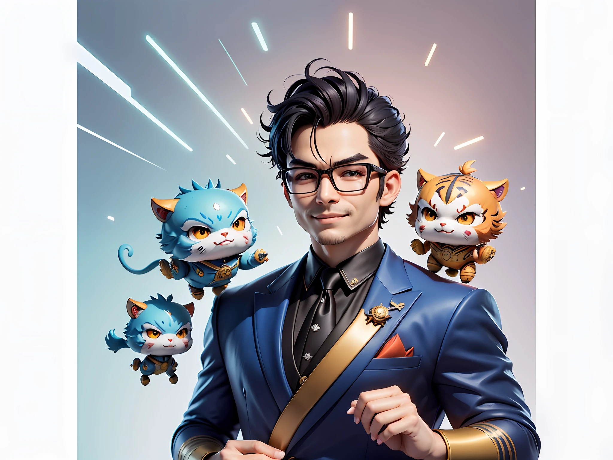 (Masterpiece), (Extreme Quality), (Super Meticulous), (Full Body: 1.2), Super Young Man, Chinese Dragon, Tiger, Wind God Thor, Sexy, Bursting, Oriental Face, TV Anchor, Bust Portrait Illustration, Black Formal Suit, Blue Tie, Slightly Chubby Face, Silver Glasses, Very Clean Face, No Beard on Chin, Black Super Short Hair, Black Eyes, Confident Smile, 3c Computer Sub-Products, iPad, iPhone, Digital Painting, 3D Character Design by Mark Claireden and Pixar and Hayao Miyazaki and Akira Toriyama, The illustration is a high-definition illustration in 4K resolution with very detailed facial features and cartoon-style visuals.