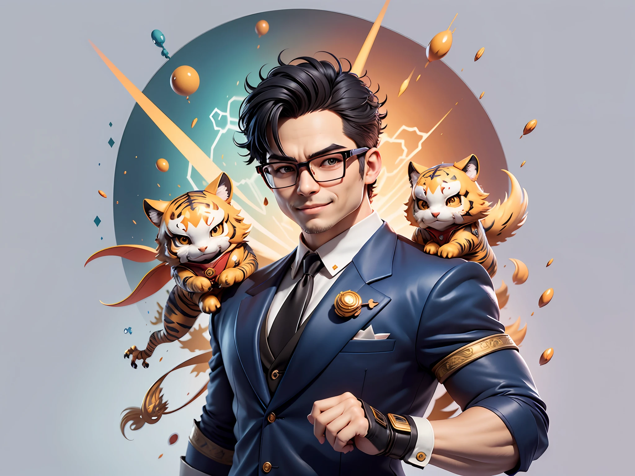 (Masterpiece), (Extreme Quality), (Super Meticulous), (Full Body: 1.2), Super Young Man, Chinese Dragon, Tiger, Wind God Thor, Sexy, Bursting, Oriental Face, TV Anchor, Bust Portrait Illustration, Black Formal Suit, Blue Tie, Slightly Chubby Face, Silver Glasses, Very Clean Face, No Beard on Chin, Black Super Short Hair, Black Eyes, Confident Smile, 3c Computer Sub-Products, iPad, iPhone, Digital Painting, 3D Character Design by Mark Claireden and Pixar and Hayao Miyazaki and Akira Toriyama, The illustration is a high-definition illustration in 4K resolution with very detailed facial features and cartoon-style visuals.