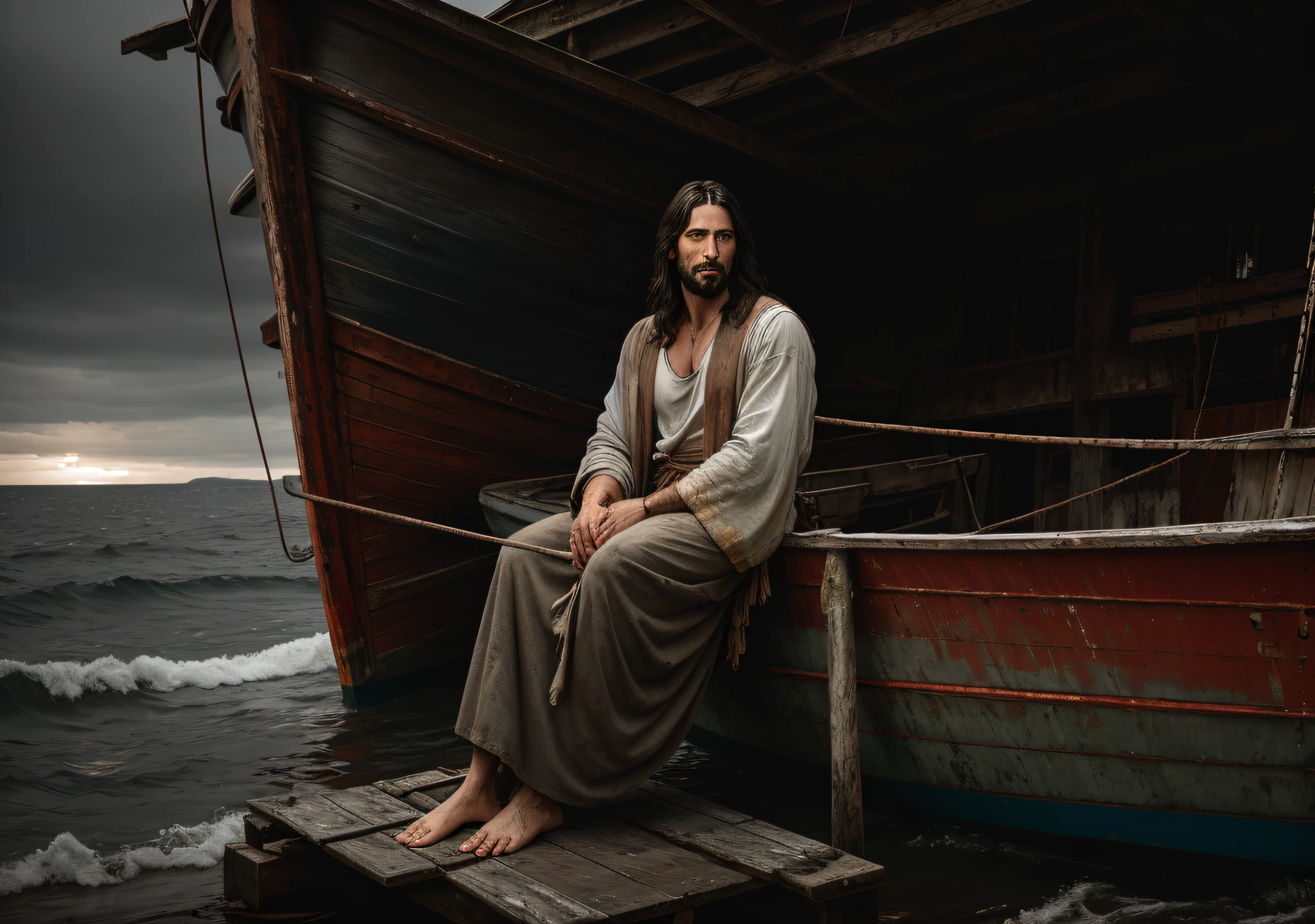 JESUS CHRIST sitting next to an old boat the sea dark photo: realistic epic, soft cinematic portrait, adobe lightroom, photographic lab, highly detailed, faded, art by greg rutkowski and artgerm ,neutral colors: 1,2), (hdr:1,4) , (soft colors:1.2), hyperdetailed, (artstation:1.4), cinematic, warm lights, dramatic light, (intricate details:1.1), complex background, (rutkowski:0.66), (blue and orange:0.4)