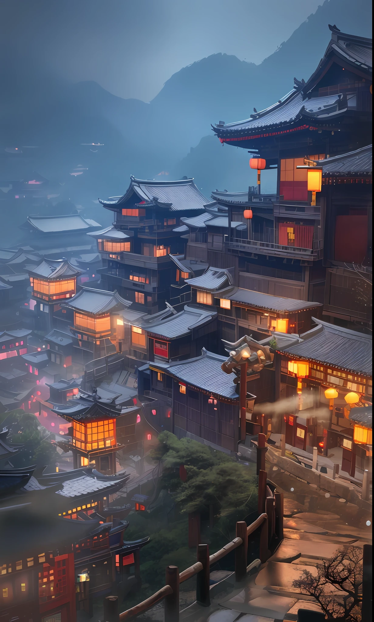 arafed view of a village with a lot of lights on the buildings, dreamy chinese town, chinese village, amazing wallpaper, japanese town, japanese village, hyper realistic photo of a town, old asian village, japanese city, by Raymond Han, rainy evening, cyberpunk chinese ancient castle, beautifully lit buildings, at evening during rain, beautiful and aesthetic, photography, cinematic, 8k, high detailed ((Heavy rain)))