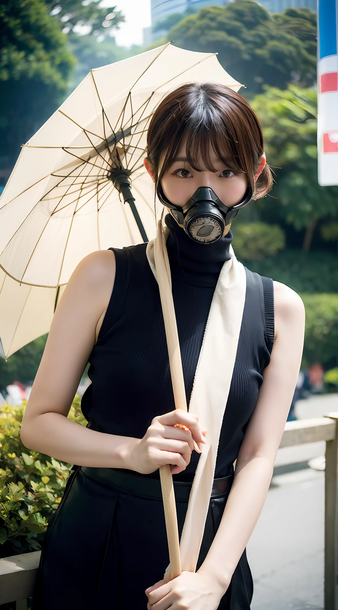 holding a parasol, gas mask, protest, 30 years old, peace march, bob short hair, loudspeaker, placard, march, turtleneck, sleeveless, whiplash,