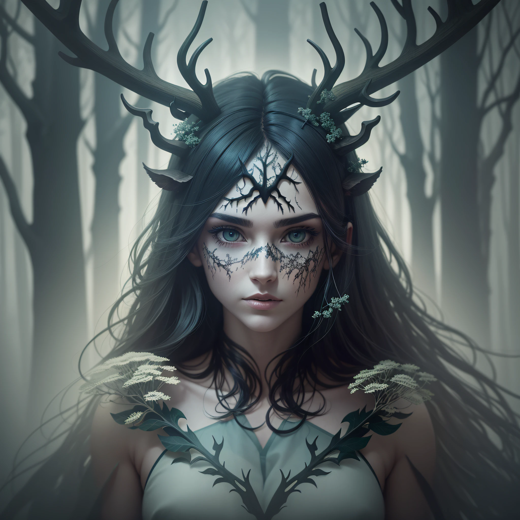 Photography of a shape-shifting being with antlers, blending into a misty forest. Shot as a double exposure using a Hasselblad camera. Emphasize the surreal atmosphere and intricate details. --auto --s2