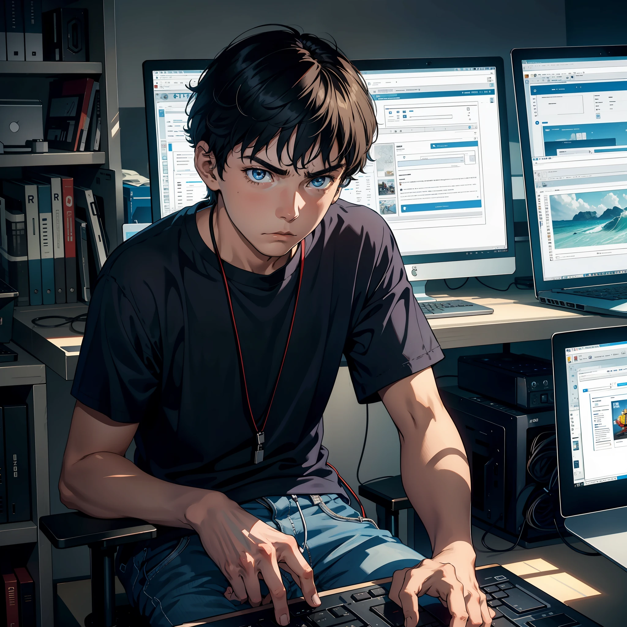 An 18-year-old man sits in front of a computer, angry